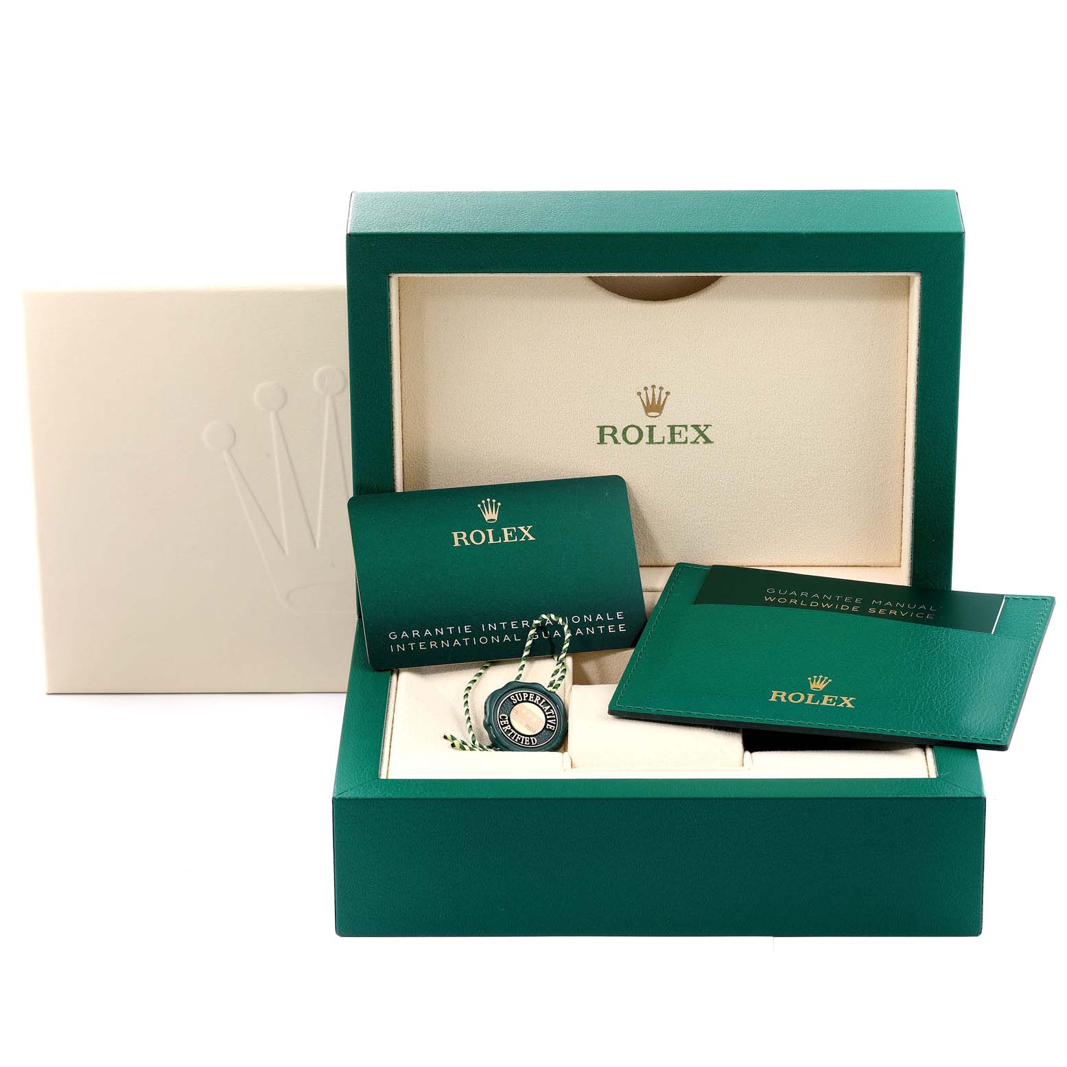 The image shows the packaging and accessories for a Rolex Explorer 226570 Men's Stainless Steel Black Dial 226570 Men's Stainless Steel Black Dial watch, including manuals and a certification tag.