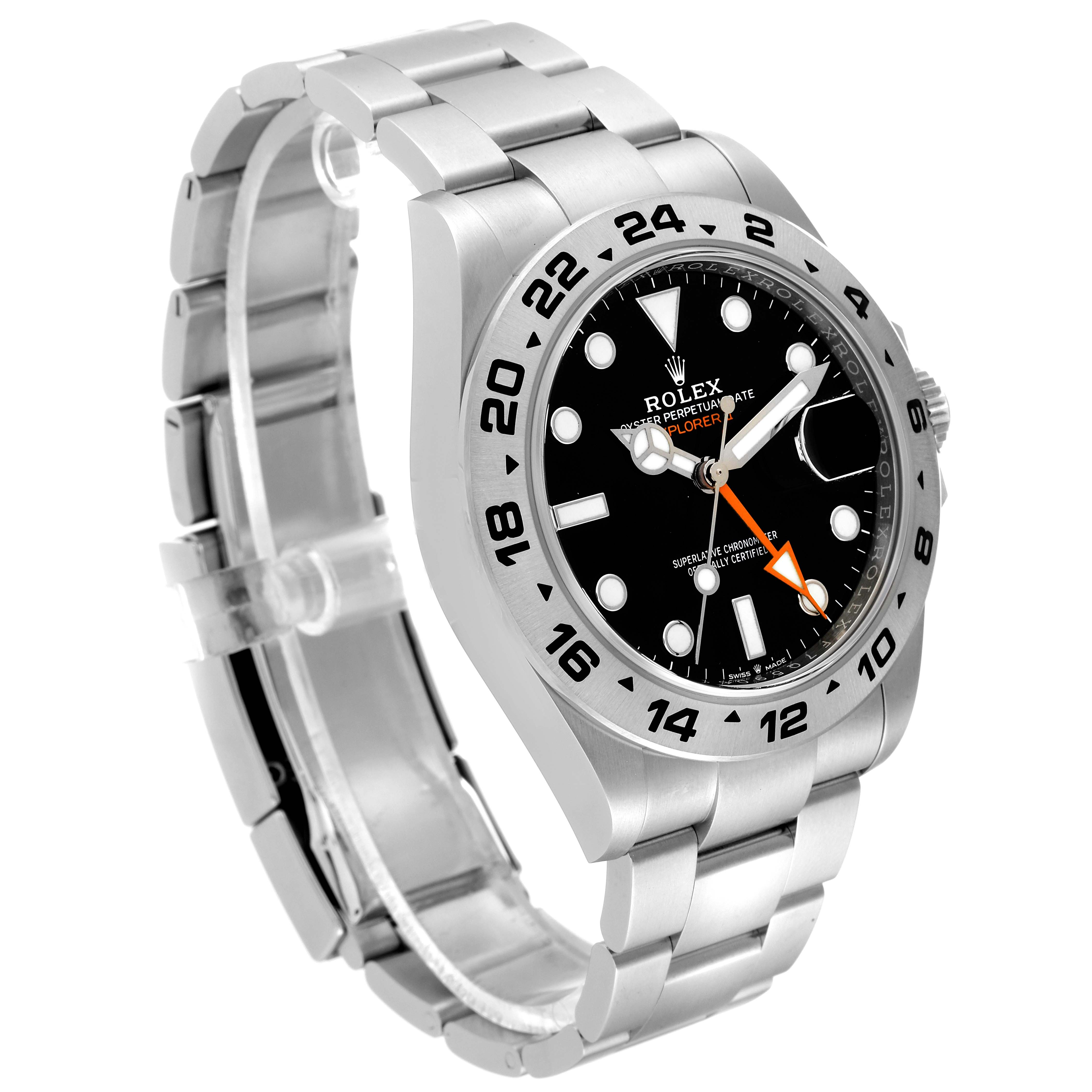 The image shows a side angle of a Rolex Explorer 226570 Men's Stainless Steel Black Dial 226570 Men's Stainless Steel Black Dial watch, highlighting its bezel, dial, and bracelet.