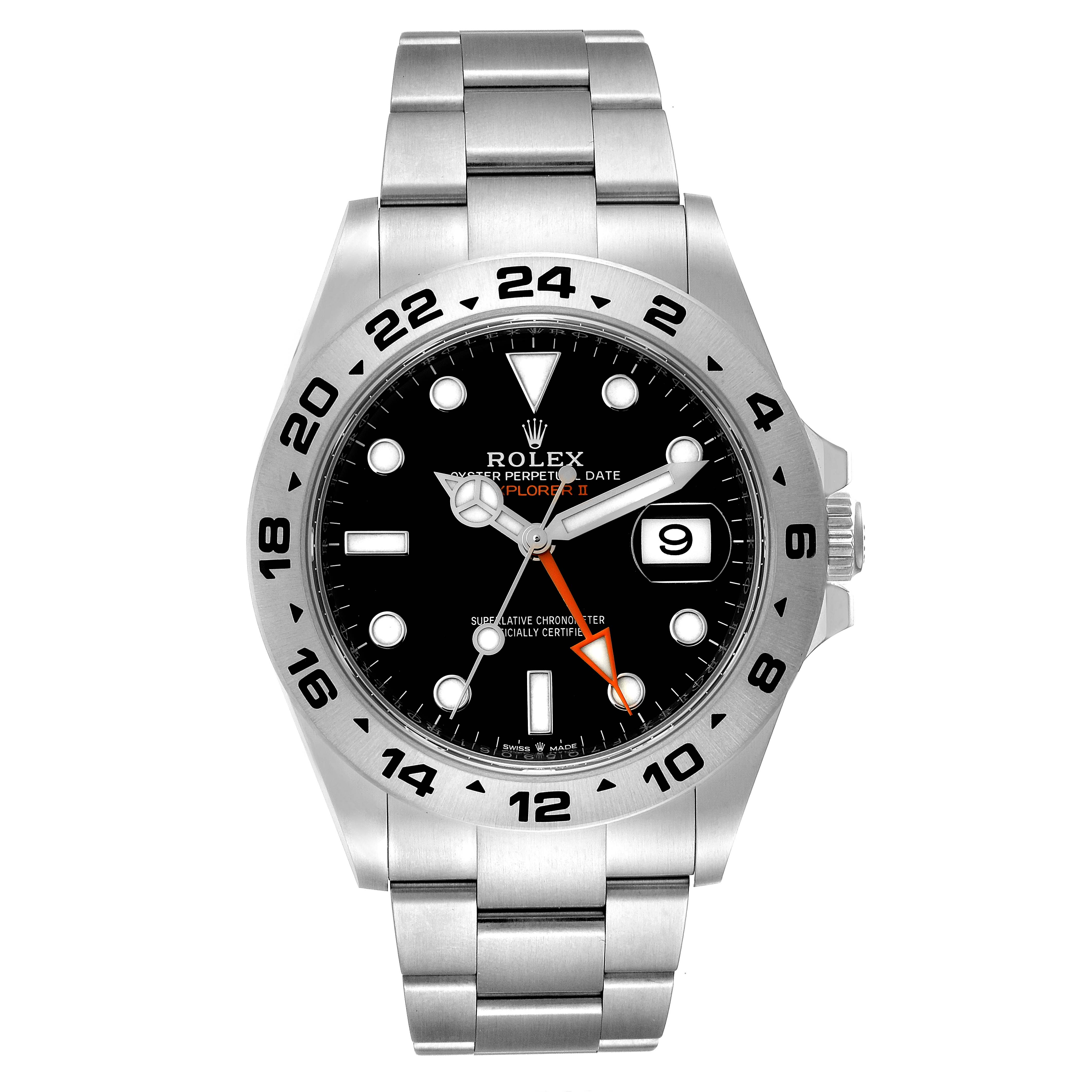 The Rolex Explorer 226570 Men's Stainless Steel Black Dial 226570 Men's Stainless Steel Black Dial watch is shown from a front angle, displaying the dial, hands, bezel, and bracelet.