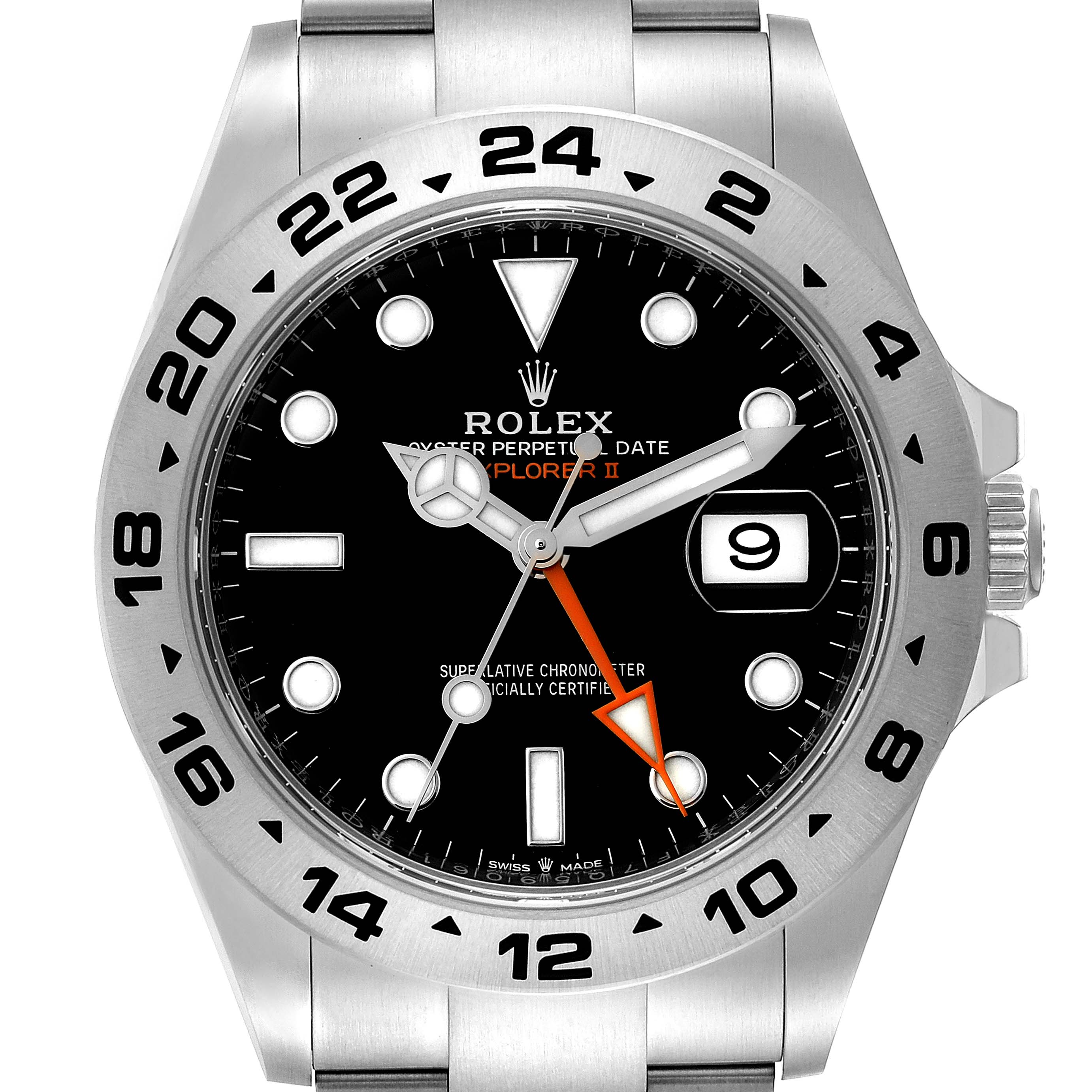 This is a Rolex Explorer 226570 Men's Stainless Steel Black Dial 226570 Men's Stainless Steel Black Dial watch showing a front view of the dial, bezel, hands, and part of the bracelet.