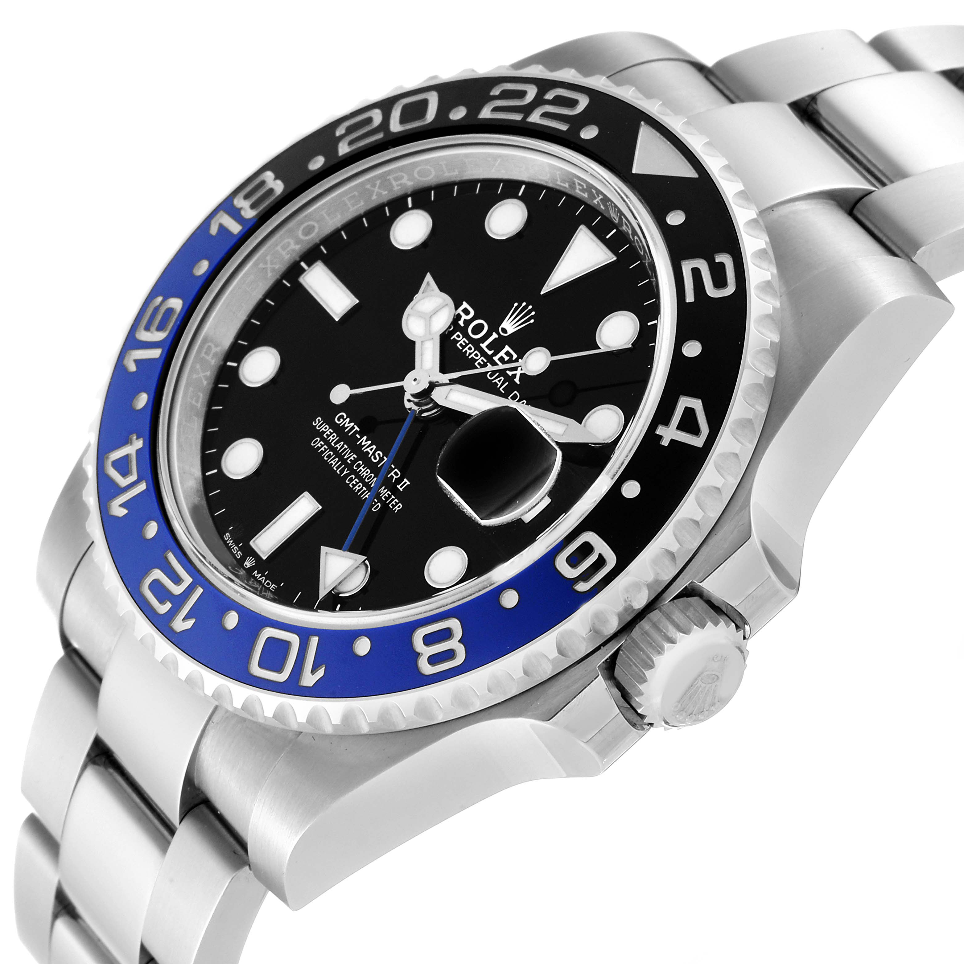 The image shows a Rolex GMT-Master 126710 Men's Stainless Steel Black Dial 126710 Men's Stainless Steel Black Dial watch at an angled side view, highlighting the bezel, dial, and bracelet.