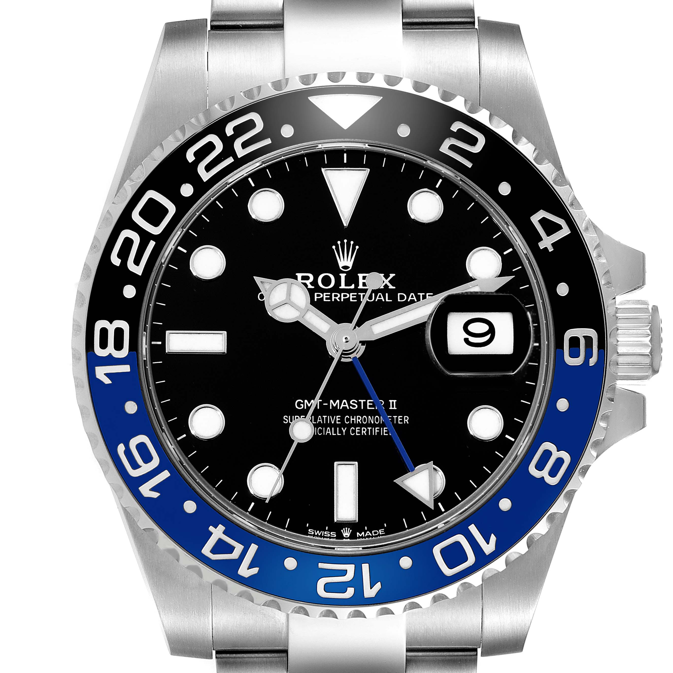 The image shows a front view of the Rolex GMT-Master 126710 Men's Stainless Steel Black Dial 126710 Men's Stainless Steel Black Dial II watch, displaying its face, bezel, and part of the bracelet.