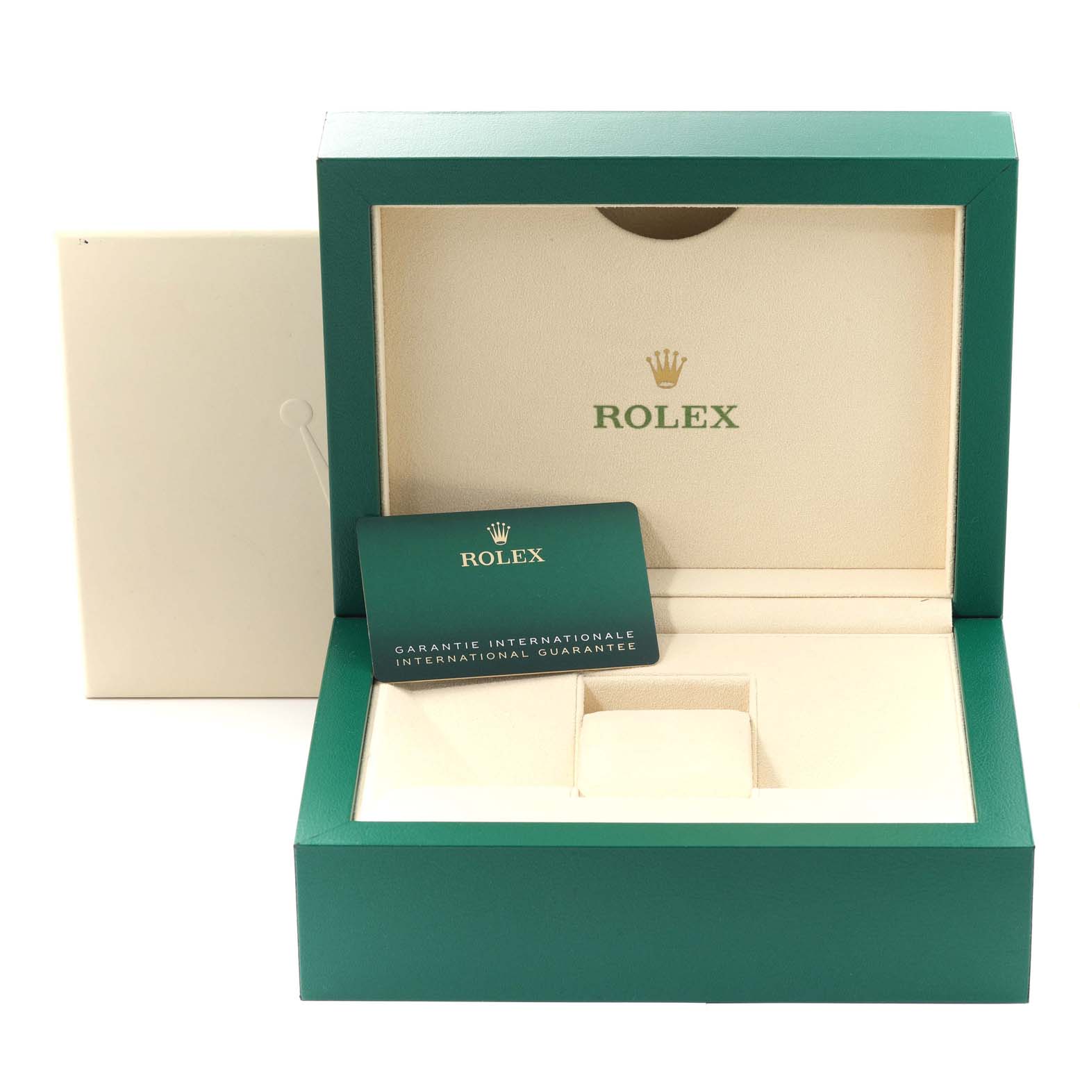 The image shows an open Rolex GMT-Master 126710 Men's Stainless Steel Black Dial 126710 Men's Stainless Steel Black Dial watch box with a guarantee card inside.