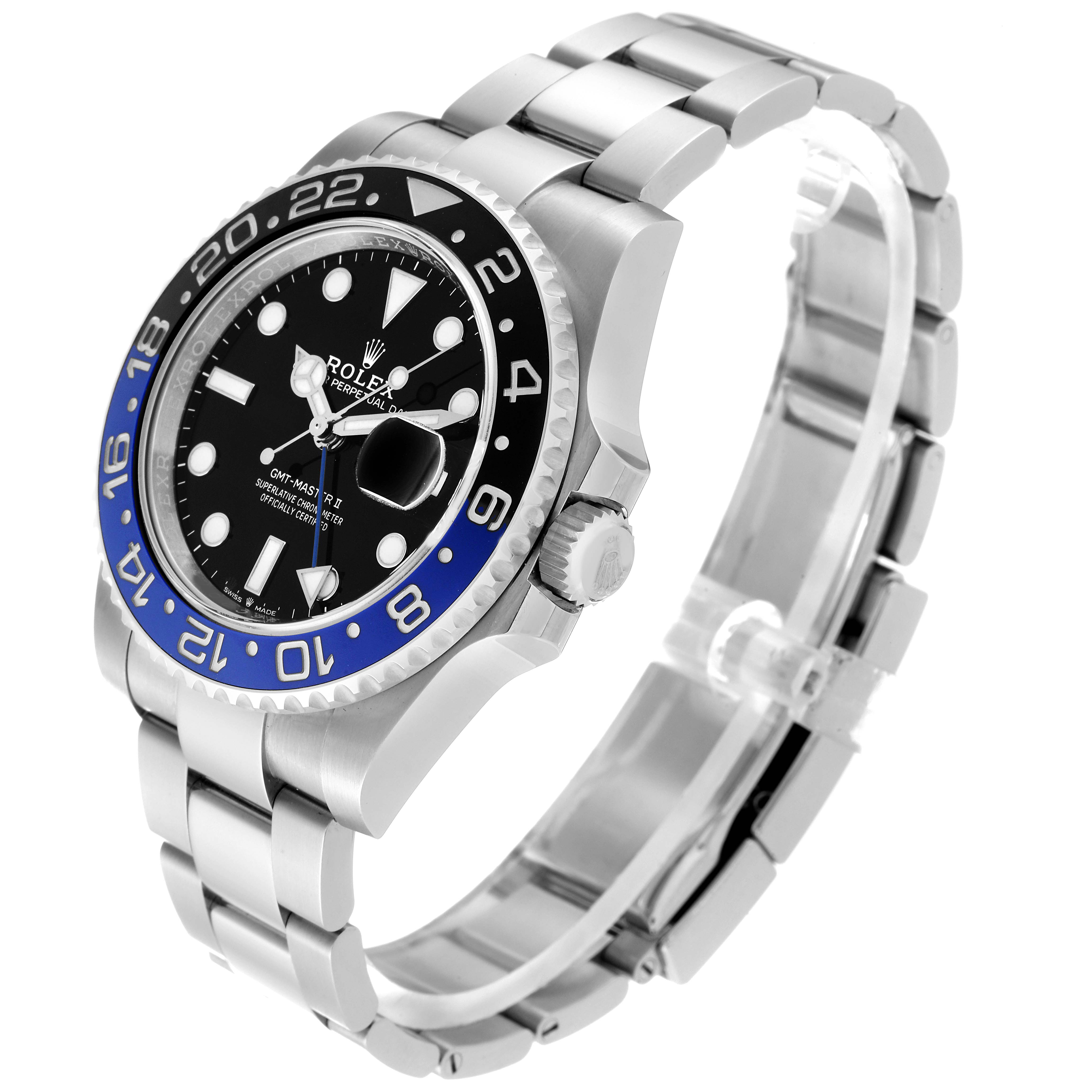 This image shows a Rolex GMT-Master 126710 Men's Stainless Steel Black Dial 126710 Men's Stainless Steel Black Dial watch from an angled side view, highlighting the dial, bezel, and bracelet.
