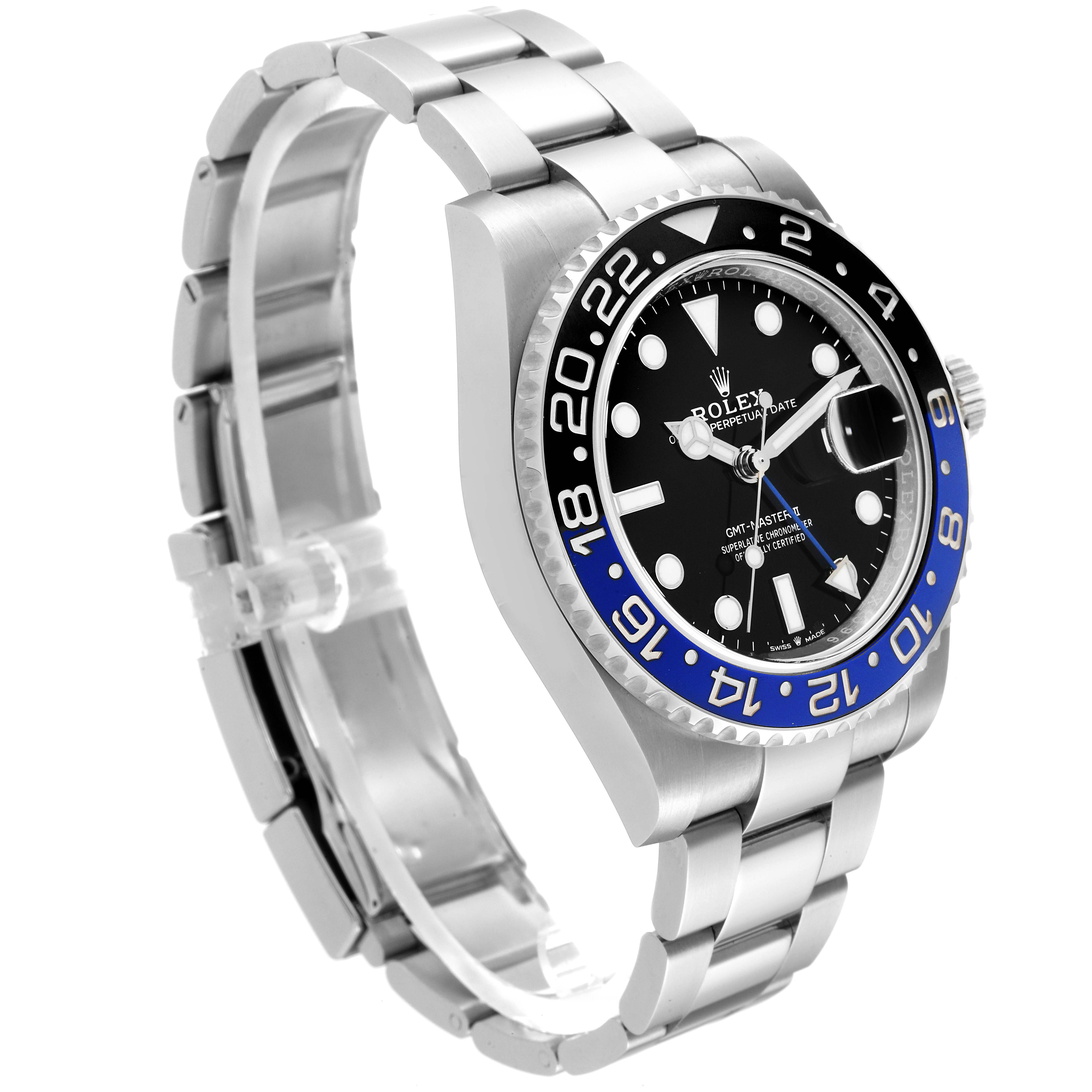 This image shows a side angle of a Rolex GMT-Master 126710 Men's Stainless Steel Black Dial 126710 Men's Stainless Steel Black Dial watch, displaying the face, bezel, bracelet, and crown.