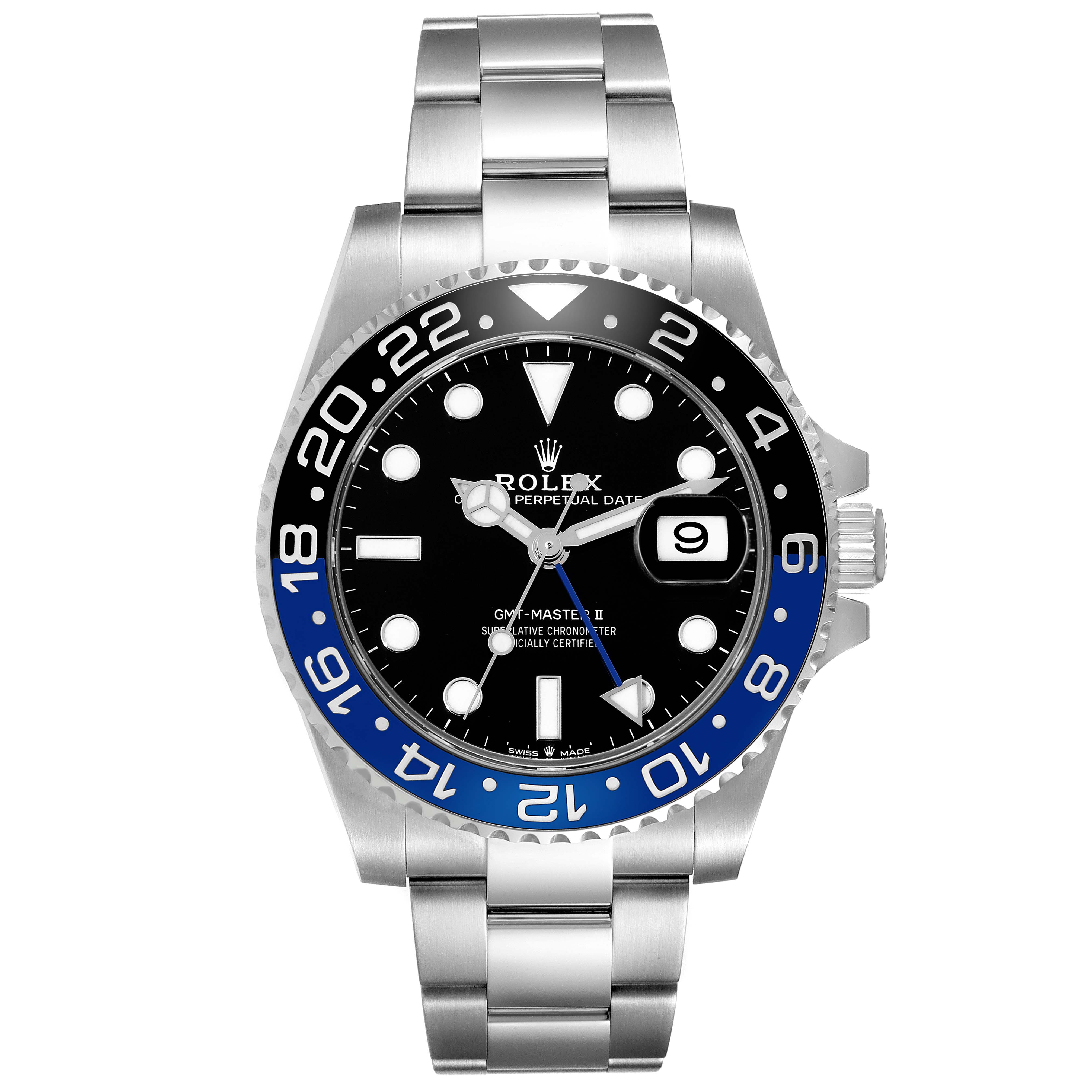 The Rolex GMT-Master 126710 Men's Stainless Steel Black Dial 126710 Men's Stainless Steel Black Dial watch is shown from a front angle, highlighting the dial, bezel, and part of the bracelet.