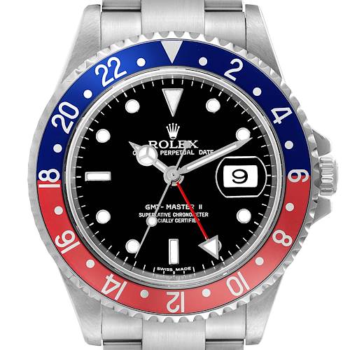The Rolex GMT-Master watch is shown from a front angle, highlighting the bezel, dial, and date window.