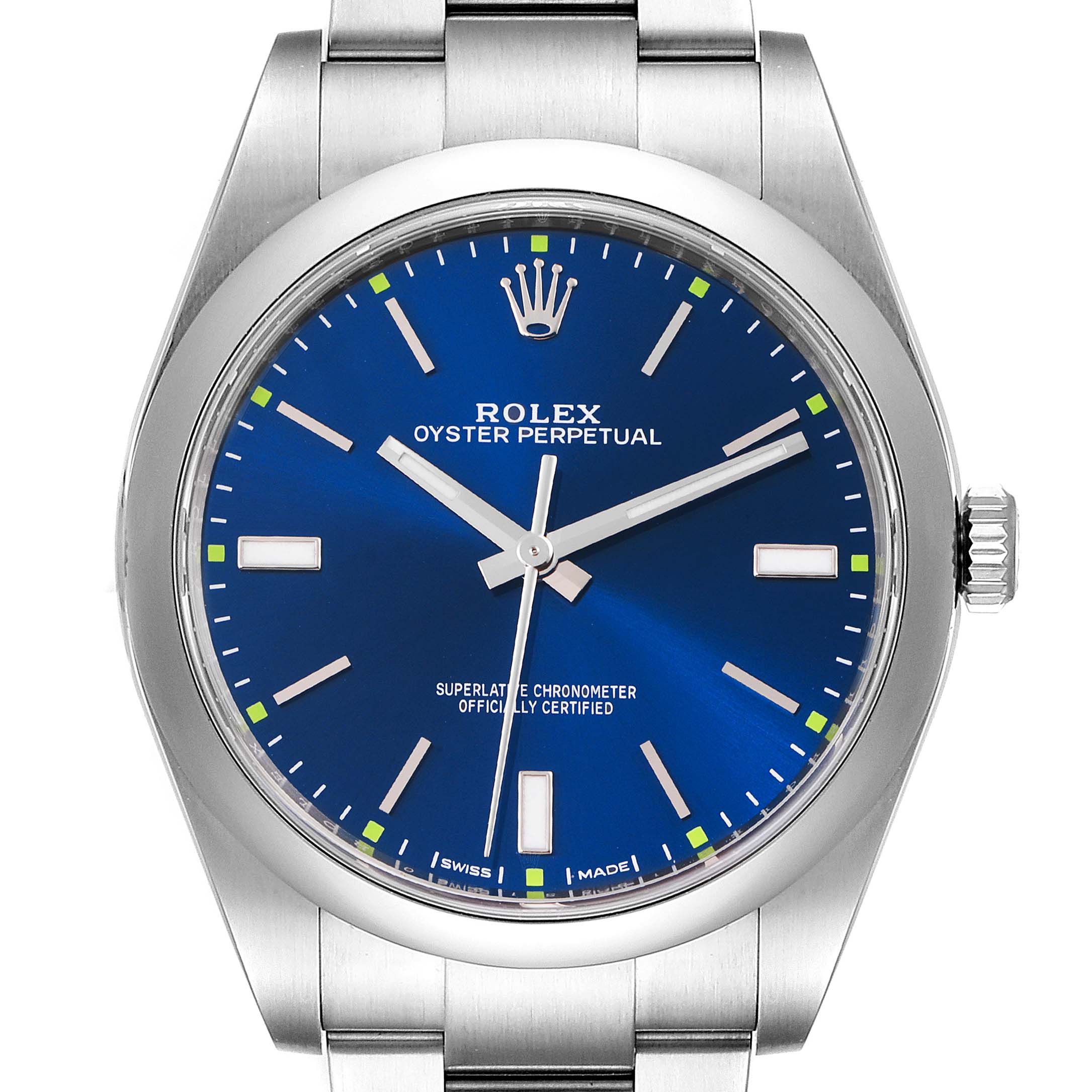 This close-up shot of the face of a Rolex Oyster Perpetual 114300 Men
s Stainless Steel Blue Dial 114300 Men
s Stainless Steel Blue Dial watch shows its blue dial, silver hands, and crown logo.