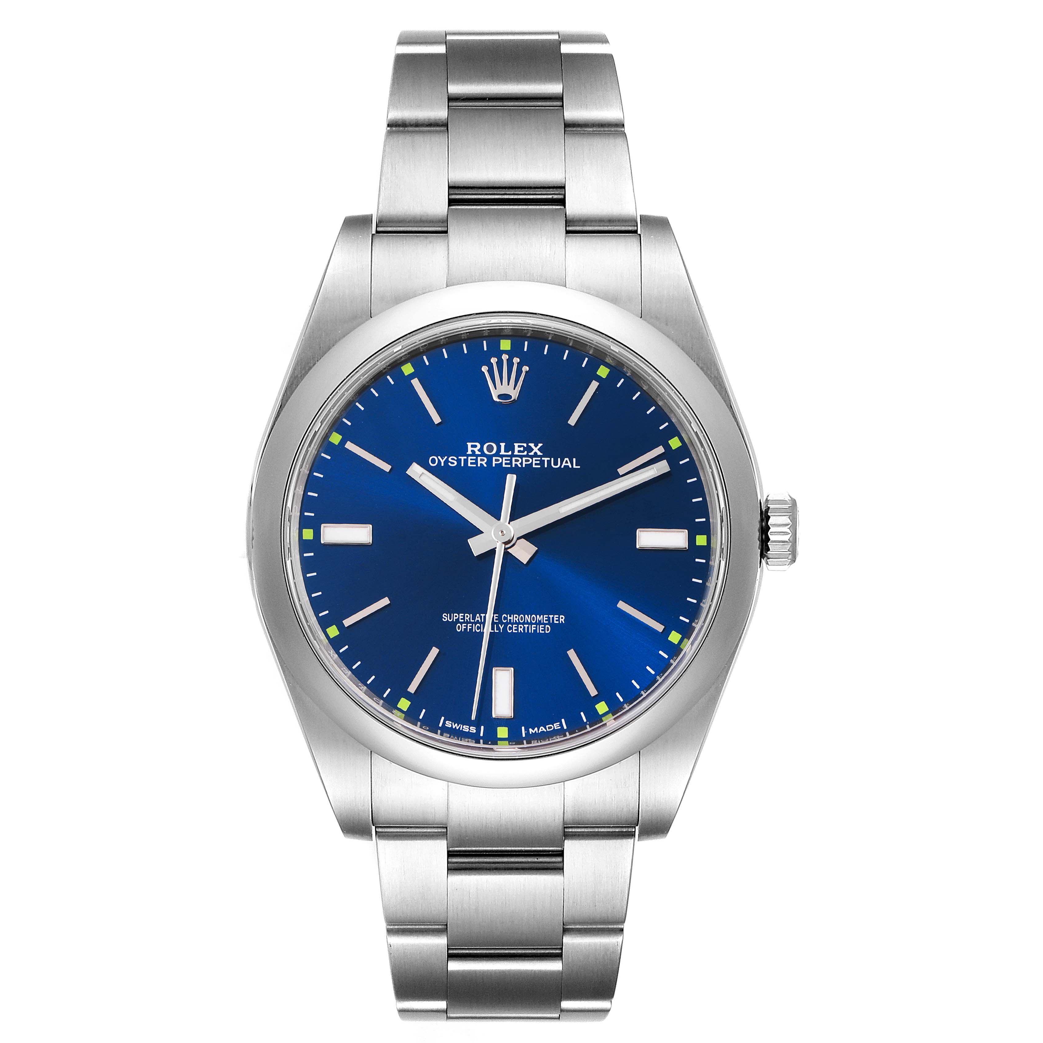 The image shows a frontal view of the Rolex Oyster Perpetual 114300 Men
s Stainless Steel Blue Dial 114300 Men
s Stainless Steel Blue Dial watch, highlighting its blue dial and stainless steel bracelet.