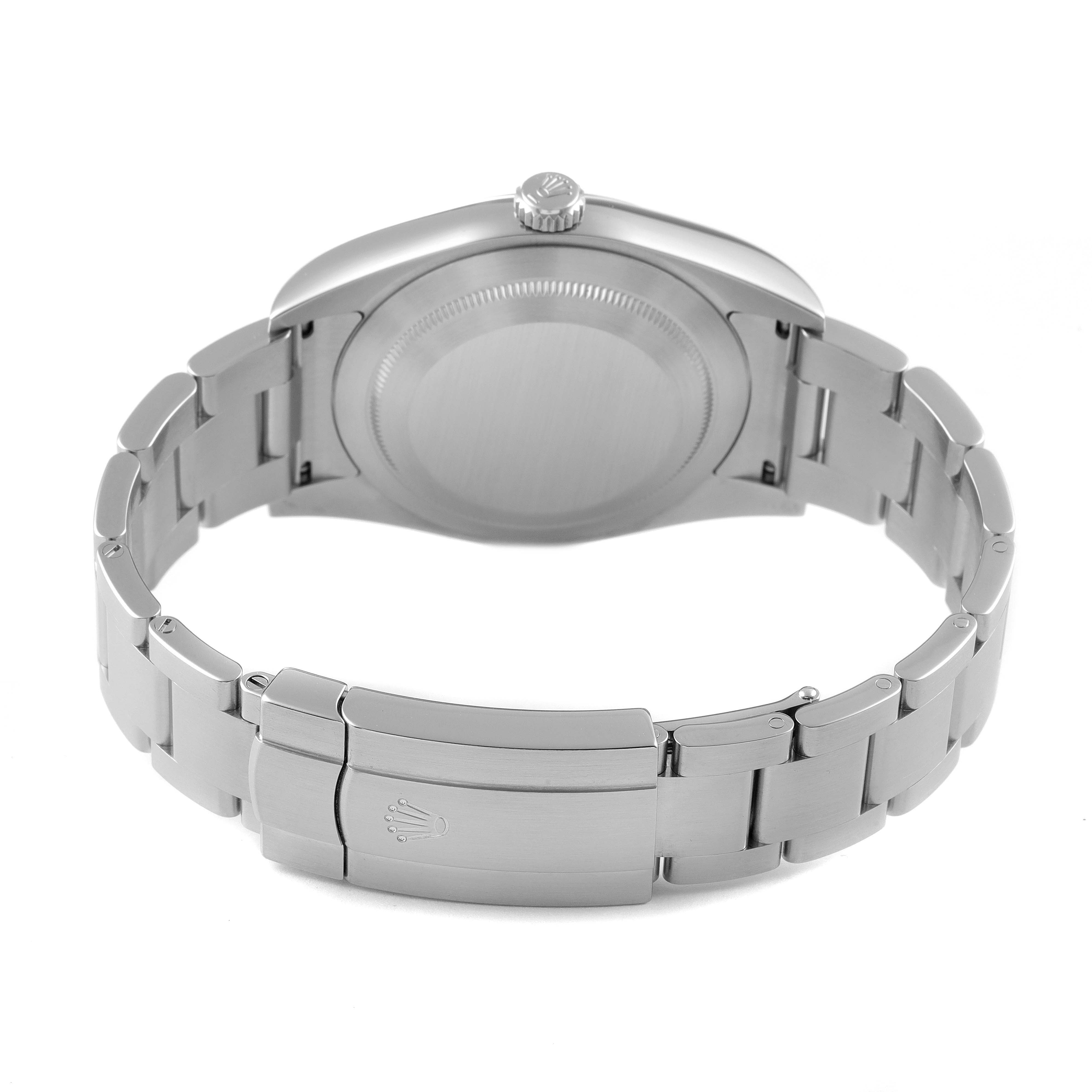 This image shows the back of a Rolex Oyster Perpetual 114300 Men
s Stainless Steel Blue Dial 114300 Men
s Stainless Steel Blue Dial watch, including the case back, bracelet, and clasp.