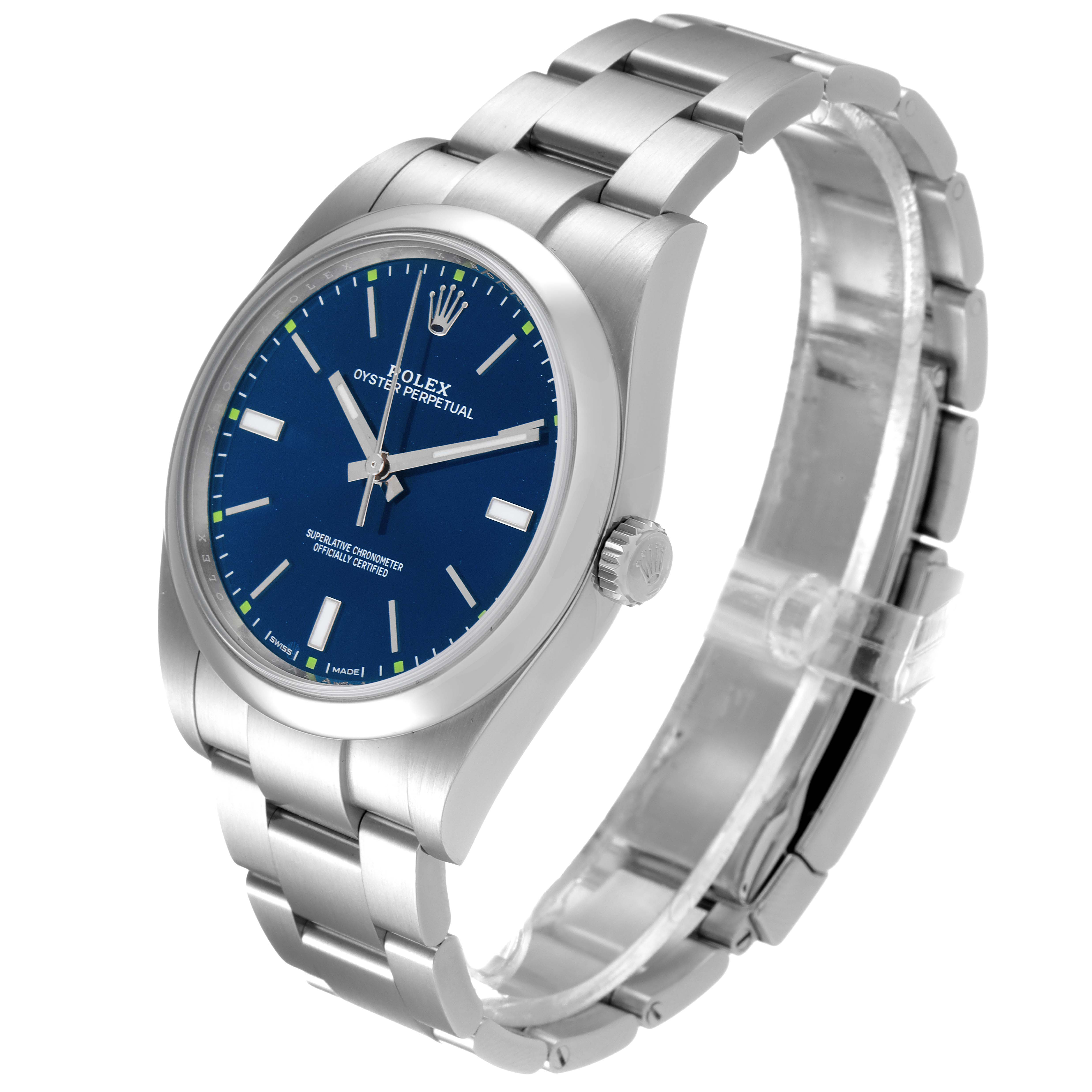 The image shows a 3/4 frontal view of the Rolex Oyster Perpetual 114300 Men
s Stainless Steel Blue Dial 114300 Men
s Stainless Steel Blue Dial watch, displaying its blue dial and stainless steel bracelet.