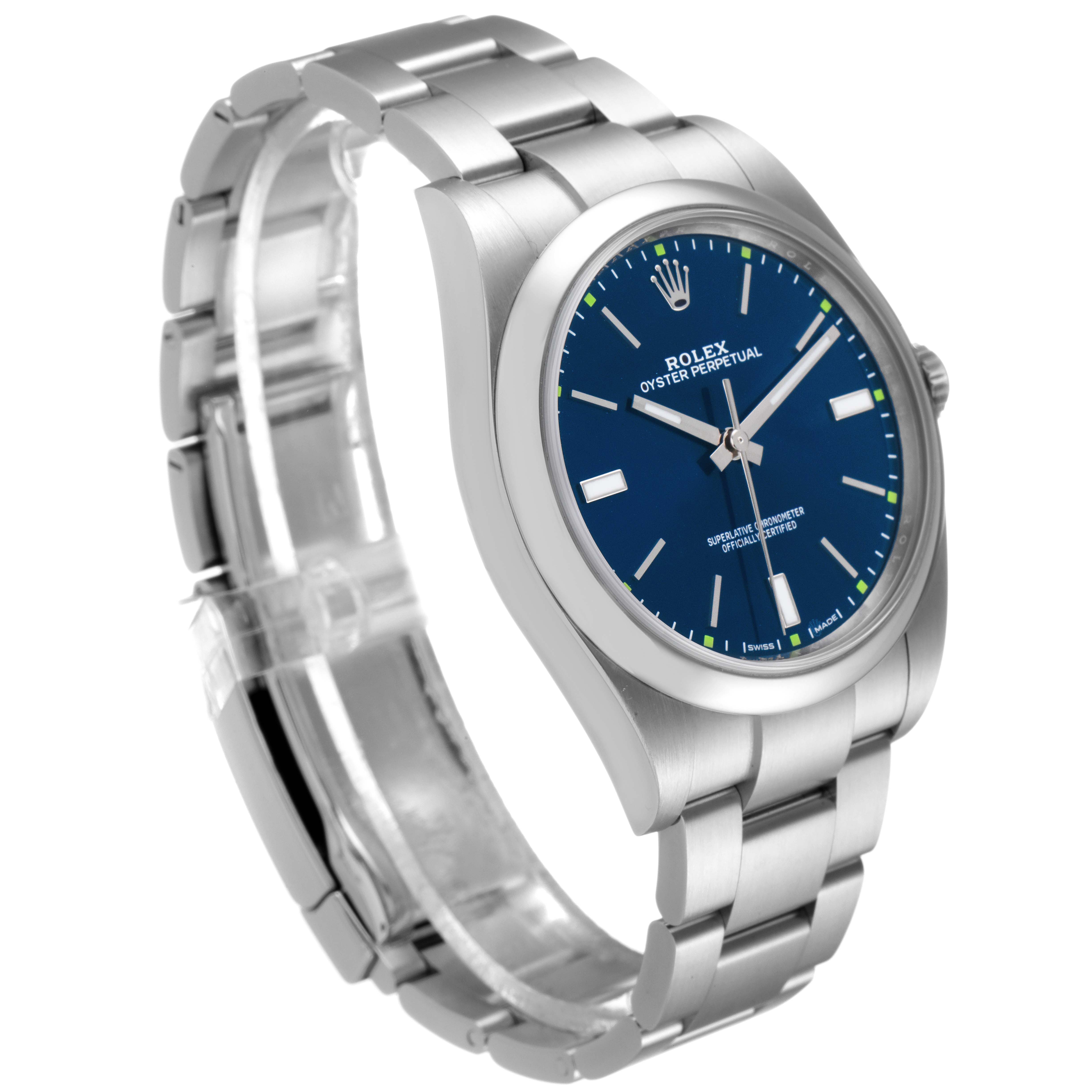 This image shows a side and front angle of a Rolex Oyster Perpetual 114300 Men
s Stainless Steel Blue Dial 114300 Men
s Stainless Steel Blue Dial watch with a blue dial and stainless steel bracelet.