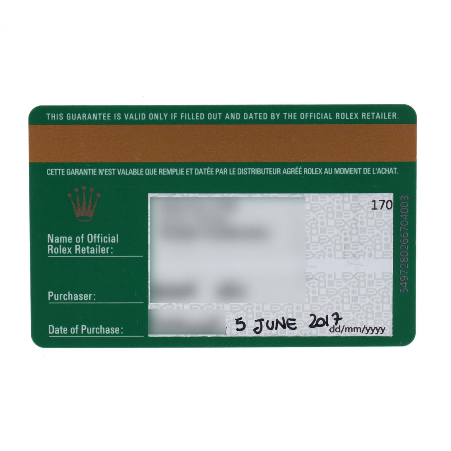 This is an official Rolex guarantee card for the Oyster Perpetual model, showing details of the retailer, purchaser, and date of purchase.