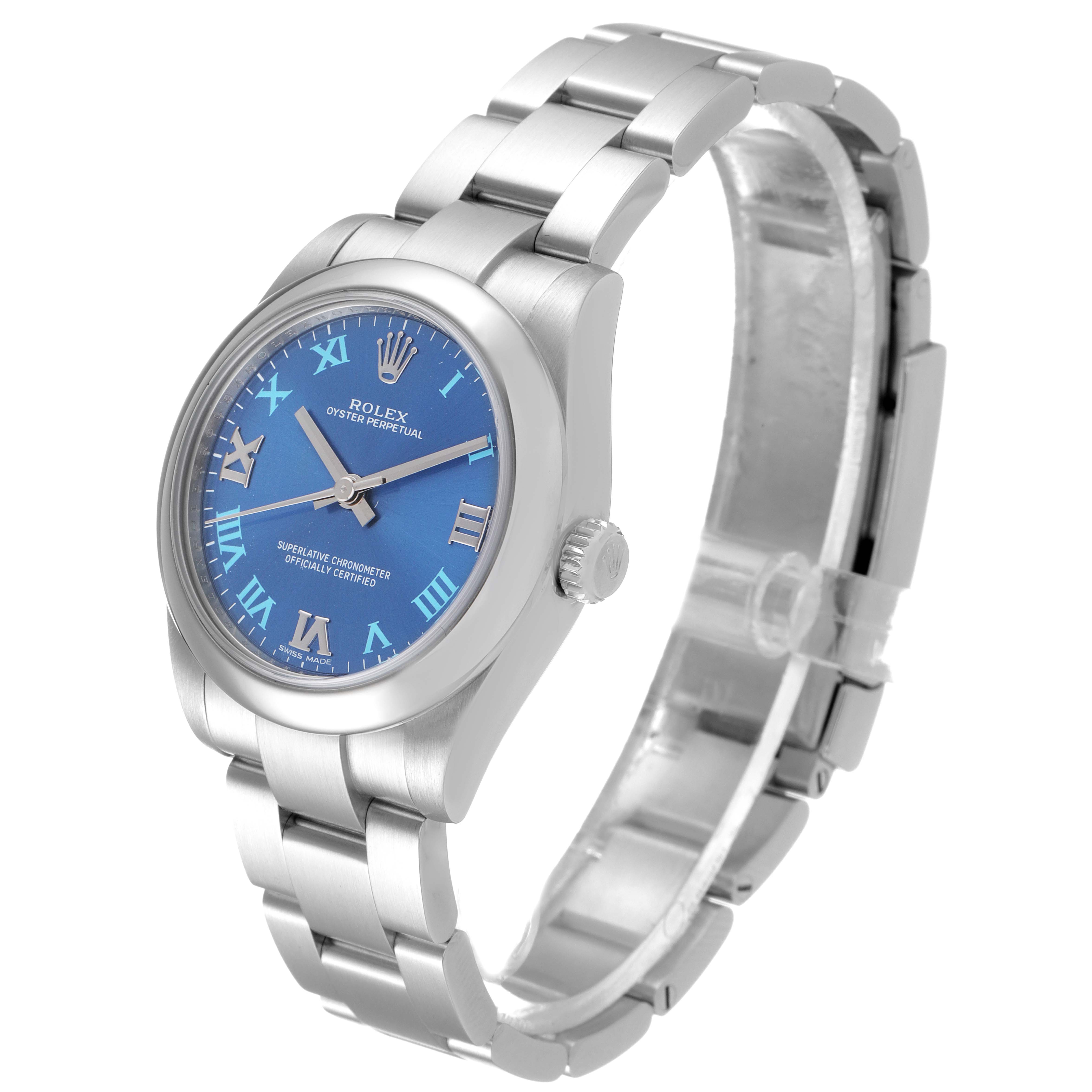 The Rolex Mid-Size 177200 Women's Stainless Steel Blue Dial 177200 Women's Stainless Steel Blue Dial Oyster Perpetual watch is shown at a slightly tilted angle, displaying its blue dial, bezel, and stainless steel bracelet.