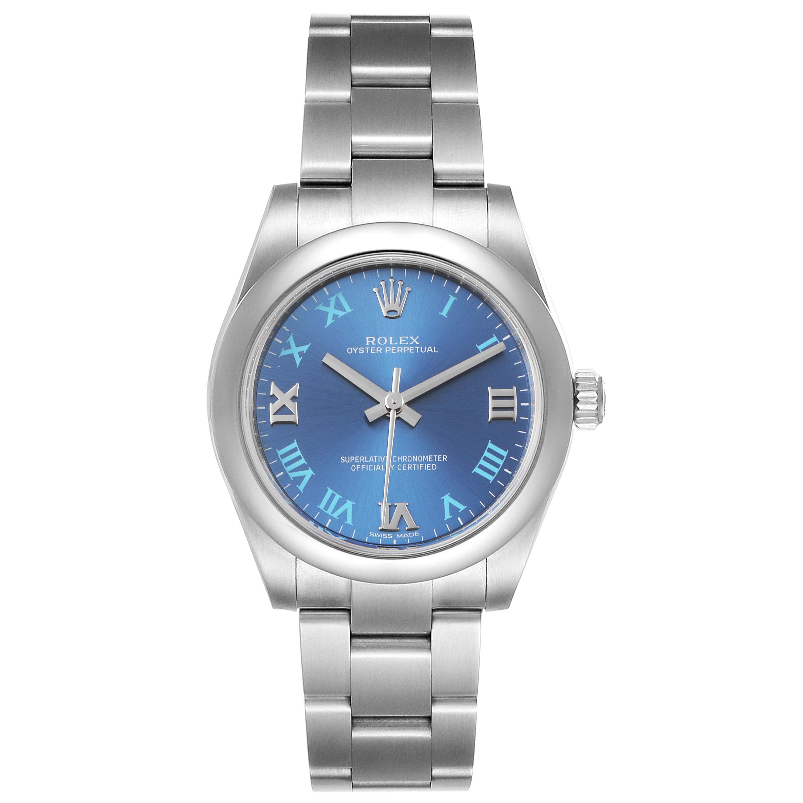 The image shows the front view of a Rolex Oyster Perpetual Mid-Size watch with a blue dial and stainless steel bracelet.
