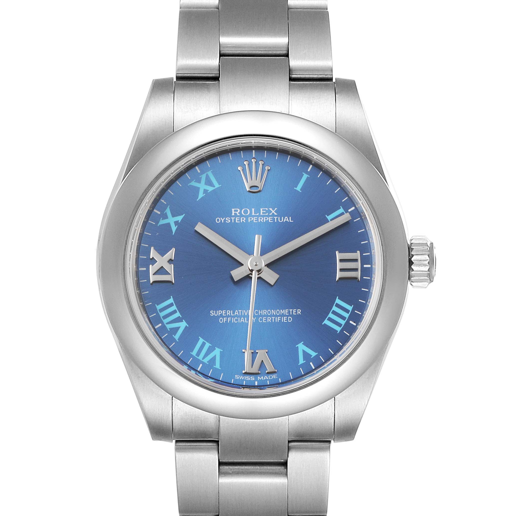 This image shows a frontal view of a Rolex Oyster Perpetual Mid-Size watch, displaying its blue dial and stainless steel bracelet.
