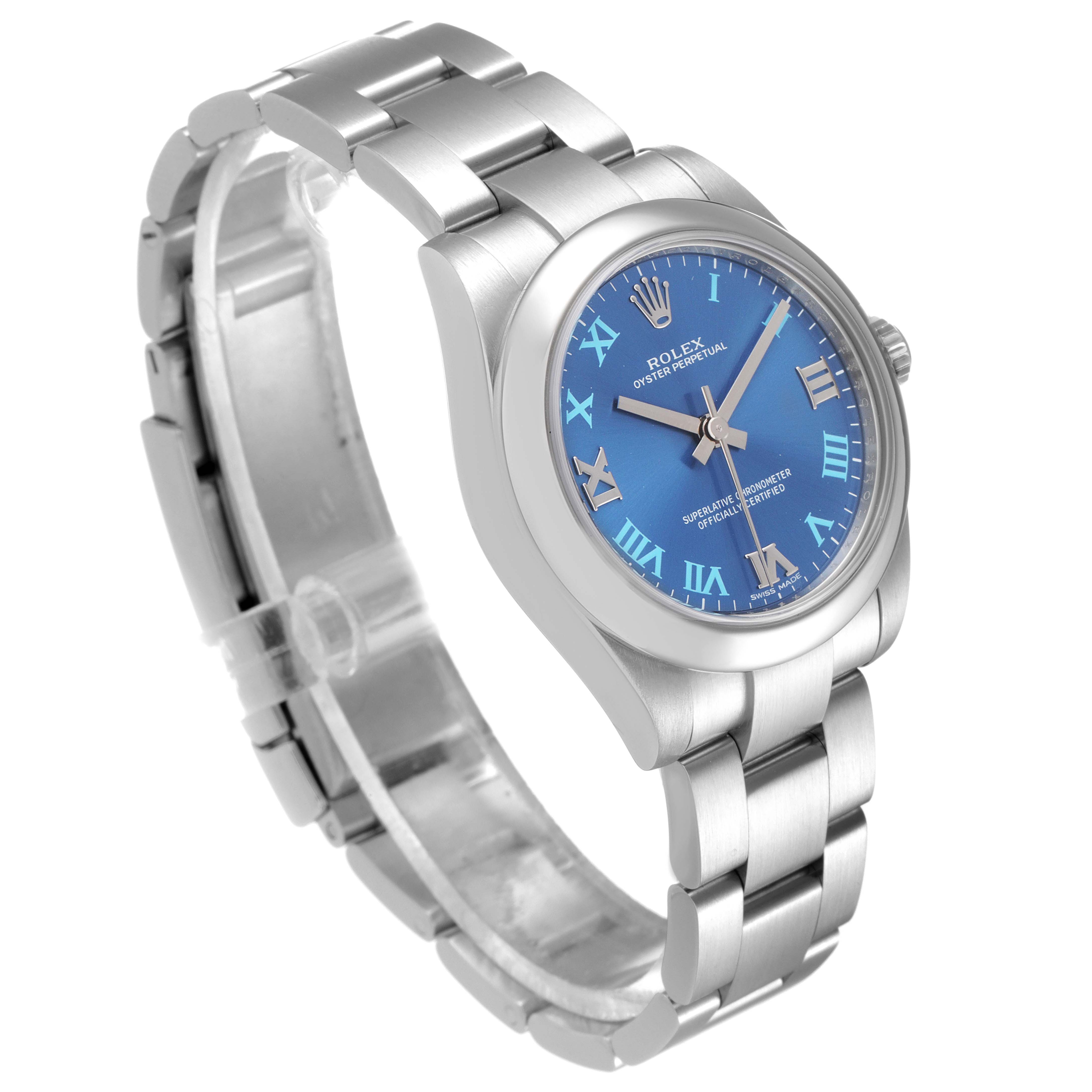 The image shows a Rolex Mid-Size 177200 Women's Stainless Steel Blue Dial 177200 Women's Stainless Steel Blue Dial model watch at a three-quarter angle, highlighting its blue dial, bezel, and metal bracelet.