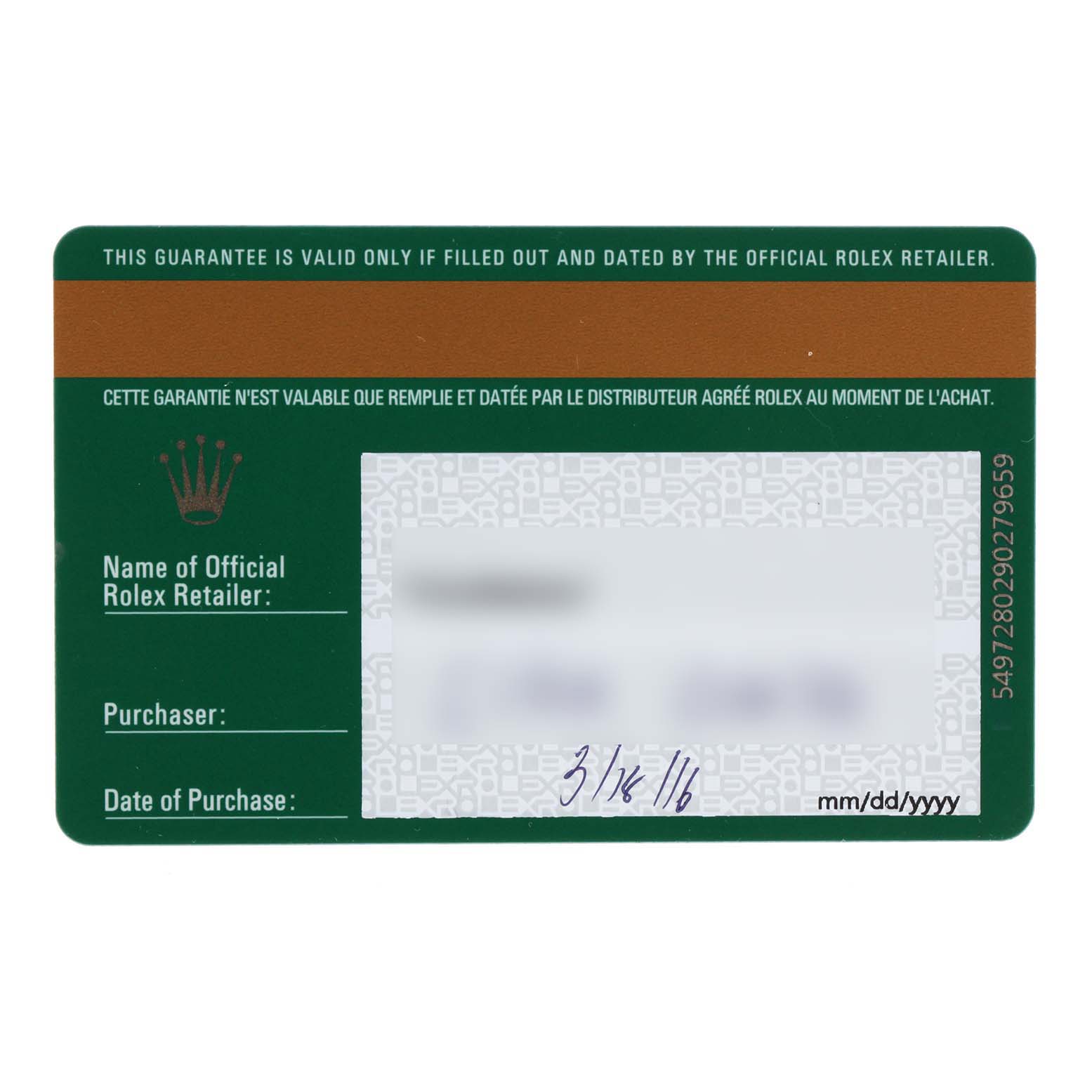 The image shows a warranty card for a Rolex Mid-Size 177200 Women's Stainless Steel Blue Dial 177200 Women's Stainless Steel Blue Dial model watch.