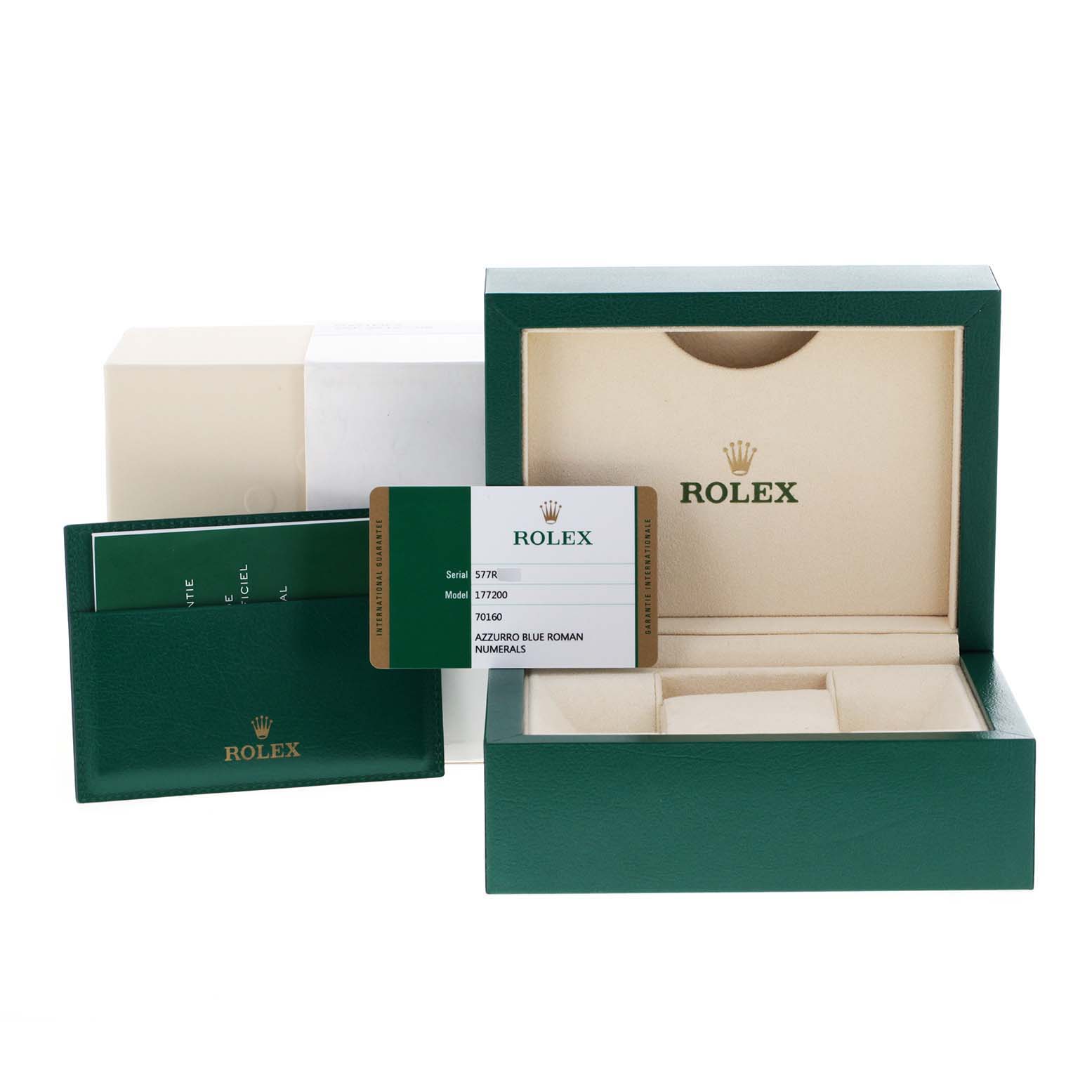 The image shows the box, warranty card, and booklet for a Rolex Mid-Size 177200 Women's Stainless Steel Blue Dial 177200 Women's Stainless Steel Blue Dial model watch, with the box lid open.