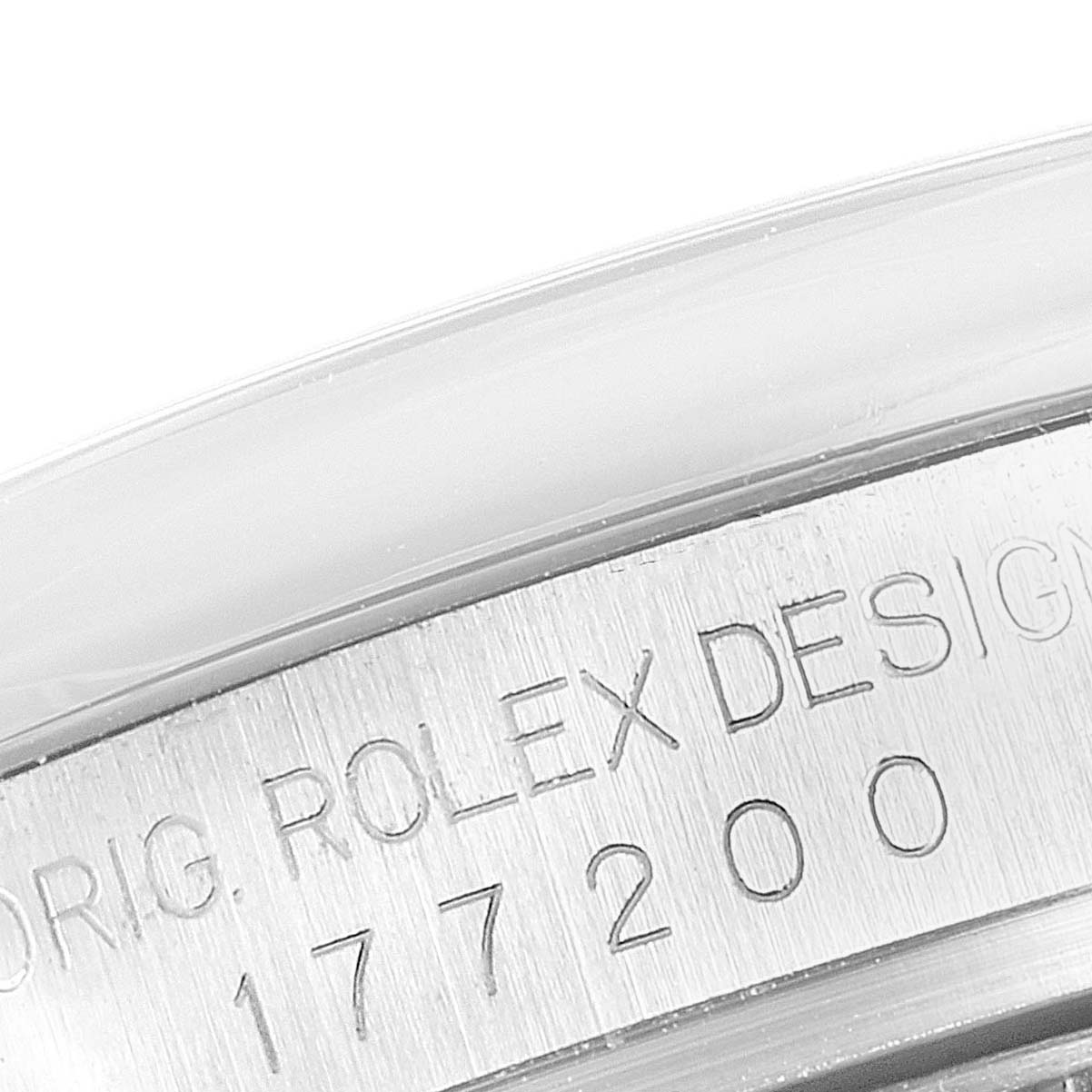 The image shows a close-up of the side engraving on the bezel of a Rolex Mid-Size 177200 Women's Stainless Steel Blue Dial 177200 Women's Stainless Steel Blue Dial model, specifically the model number 177200.