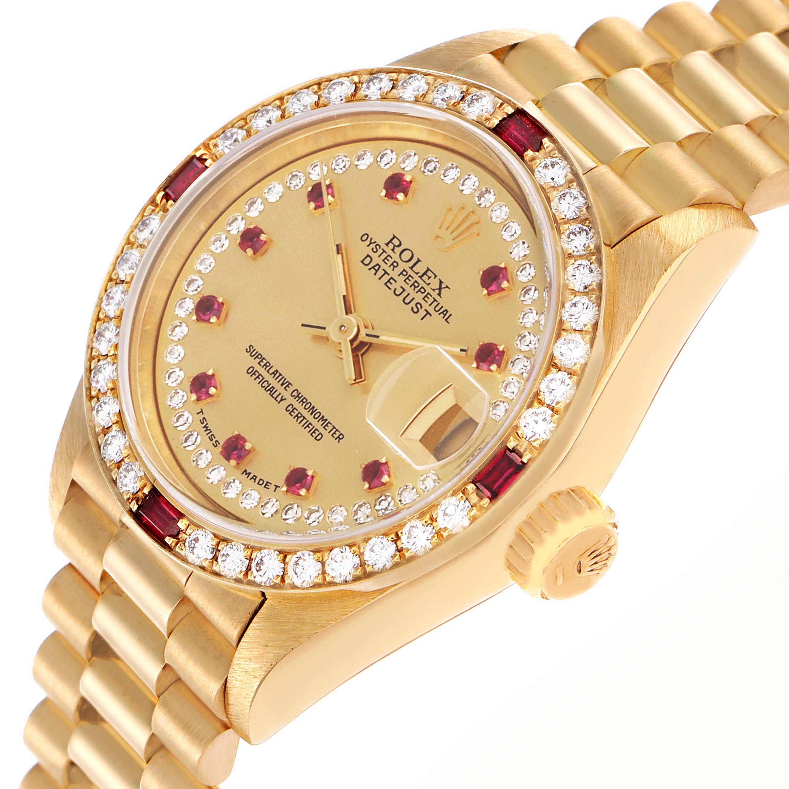 The Rolex President 69068 Women
s Yellow Gold Champagne Dial 69068 Women
s Yellow Gold Champagne Dial model watch is shown at a side angle, highlighting the dial, bezel, crown, and part of the bracelet.