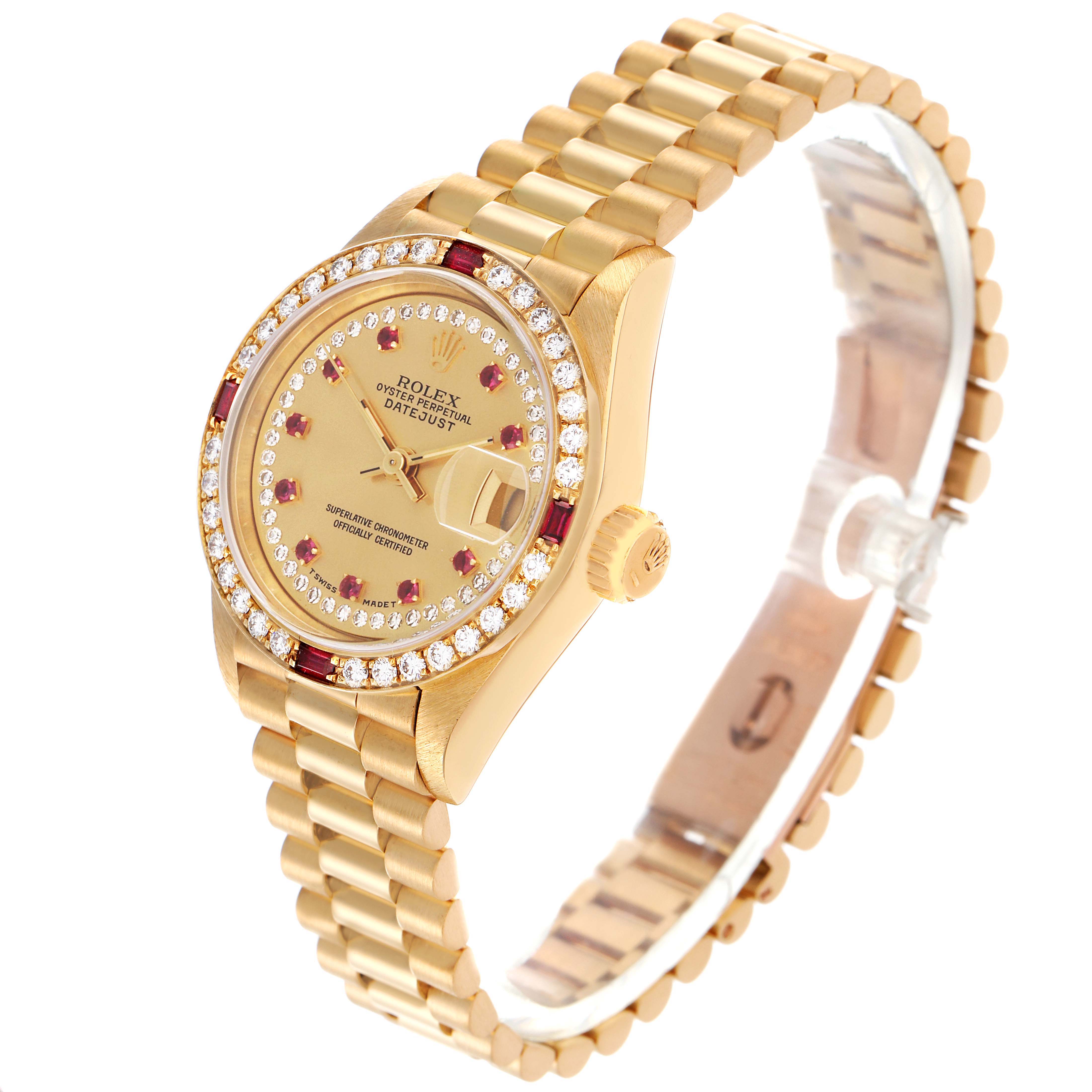 The Rolex President 69068 Women
s Yellow Gold Champagne Dial 69068 Women
s Yellow Gold Champagne Dial model is shown at a three-quarter angle, highlighting its bezel, dial, bracelet, and crown.
