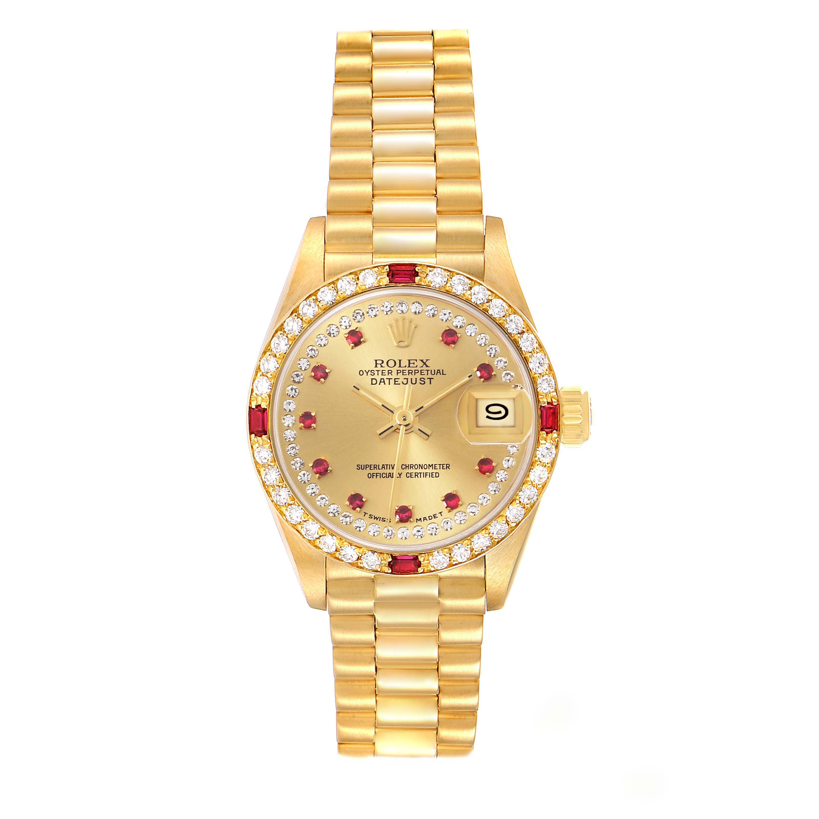 The image shows a Rolex President 69068 Women
s Yellow Gold Champagne Dial 69068 Women
s Yellow Gold Champagne Dial model watch from the top, displaying the face, bezel, bracelet, and crown.