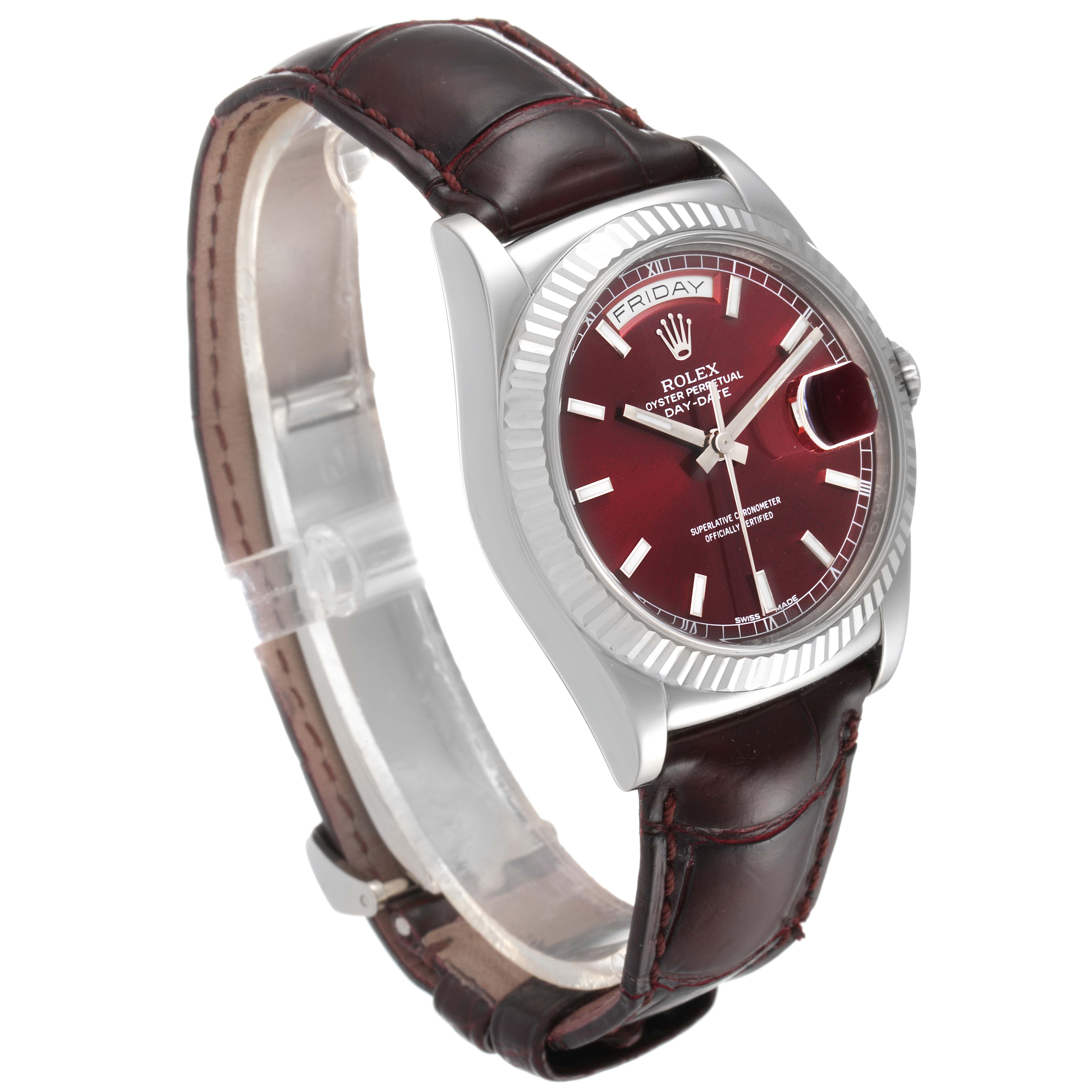 The image shows a Rolex President 118139 Men's White Gold Burgundy Dial 118139 Men's White Gold Burgundy Dial watch at a slight side angle, highlighting the face, bezel, and leather strap.
