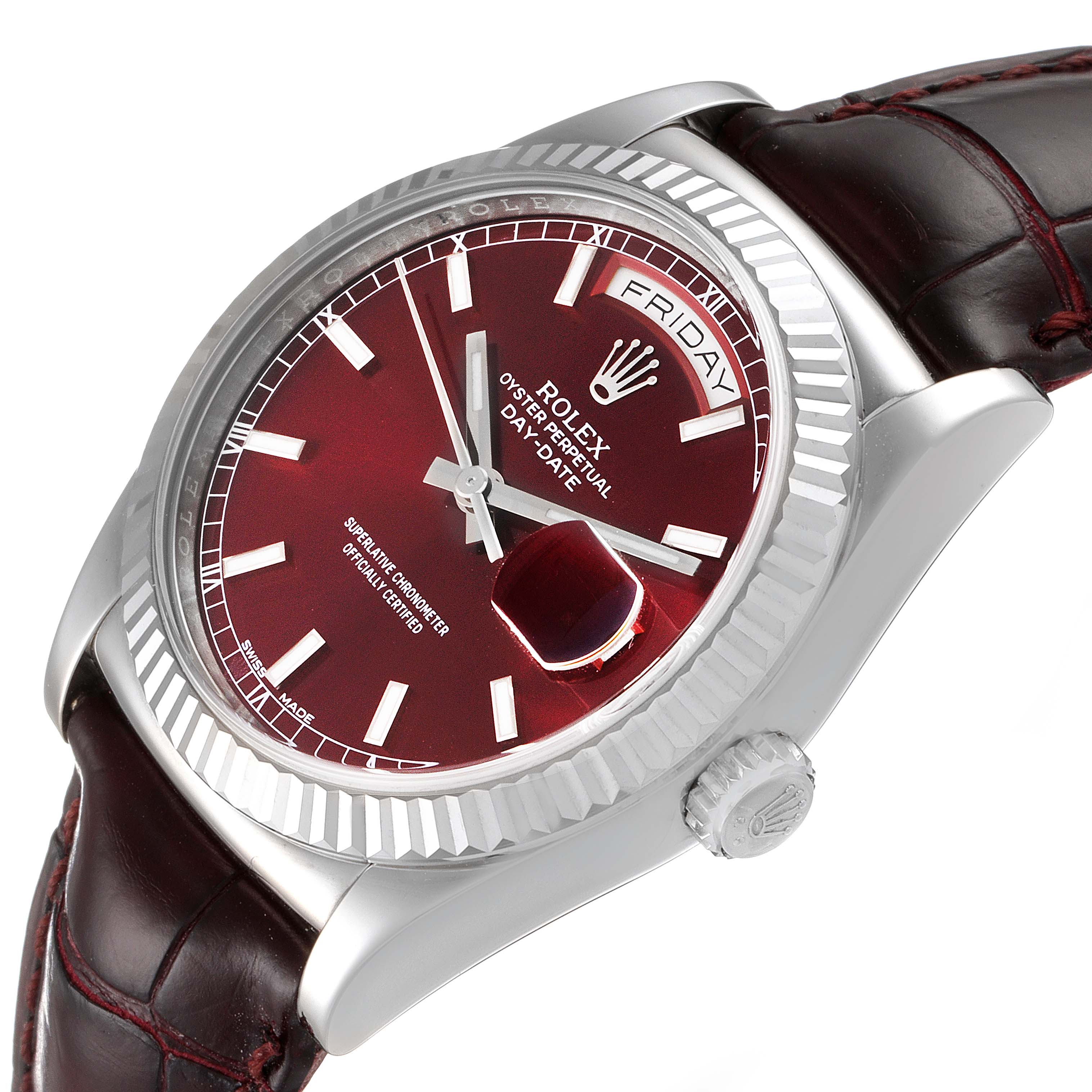 The image shows a close-up, angled view of the Rolex President 118139 Men's White Gold Burgundy Dial 118139 Men's White Gold Burgundy Dial model watch, highlighting the dial, bezel, and crown.