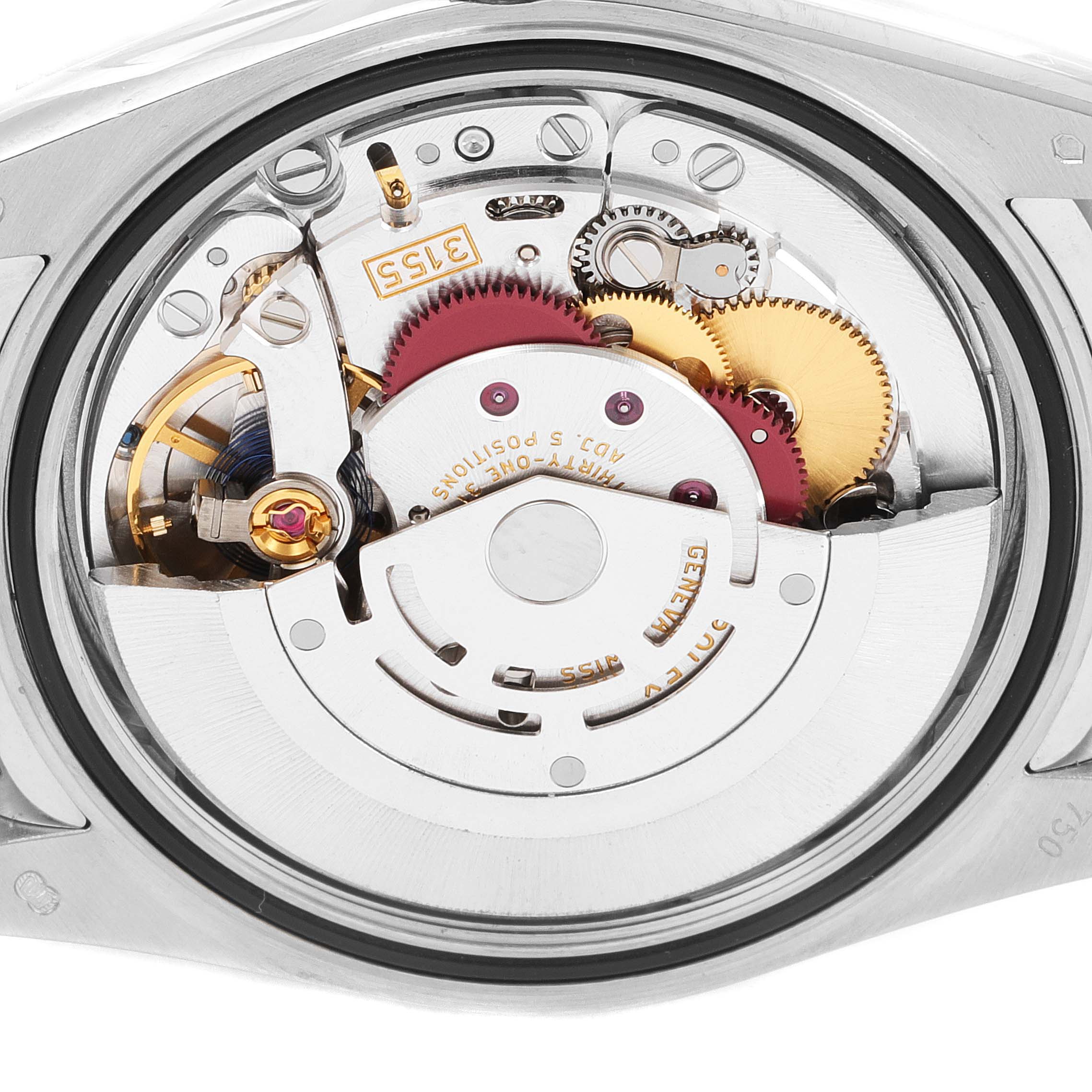 This image shows the inner mechanical movement of a Rolex President 118139 Men's White Gold Burgundy Dial 118139 Men's White Gold Burgundy Dial model watch from a back view angle.