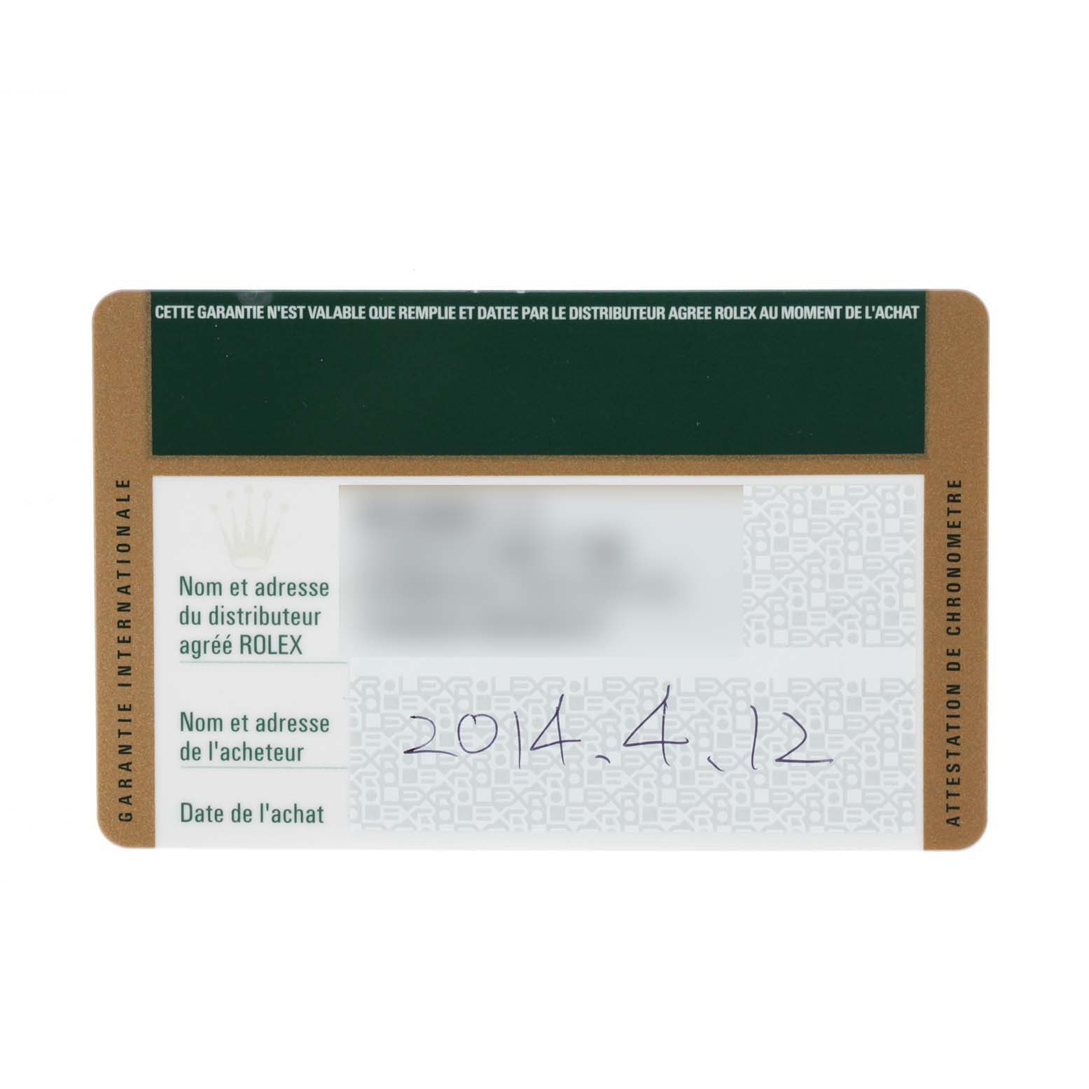 The image shows a warranty card for a Rolex President 118139 Men's White Gold Burgundy Dial 118139 Men's White Gold Burgundy Dial model, featuring information fields and a purchase date.