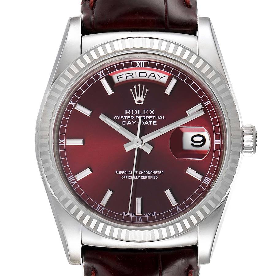 Rolex President Day-Date White Gold Burgundy Dial Watch 118139 Box Card SwissWatchExpo