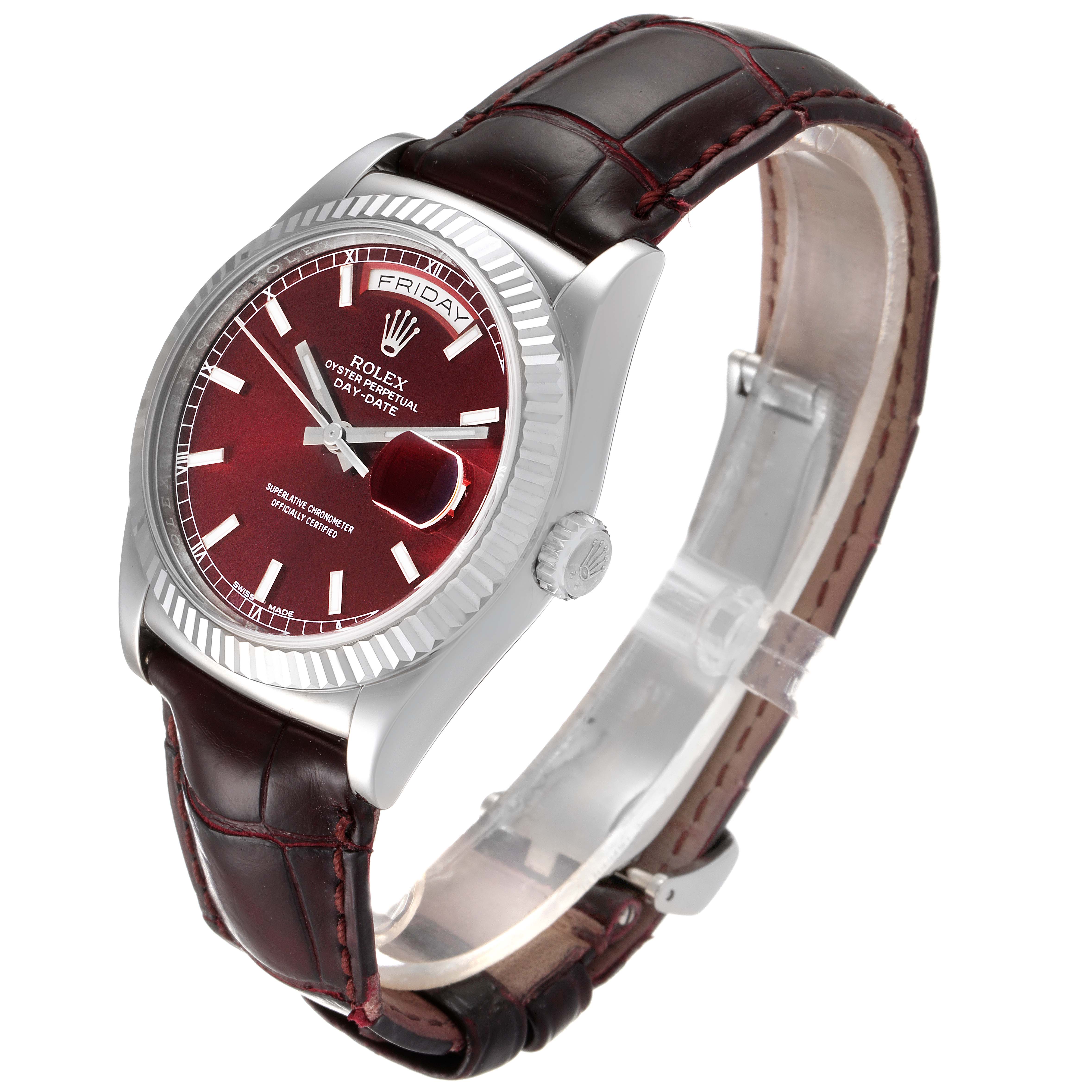 The image shows a Rolex President 118139 Men's White Gold Burgundy Dial 118139 Men's White Gold Burgundy Dial model watch from an angled side view, highlighting the face, bezel, crown, and leather strap.