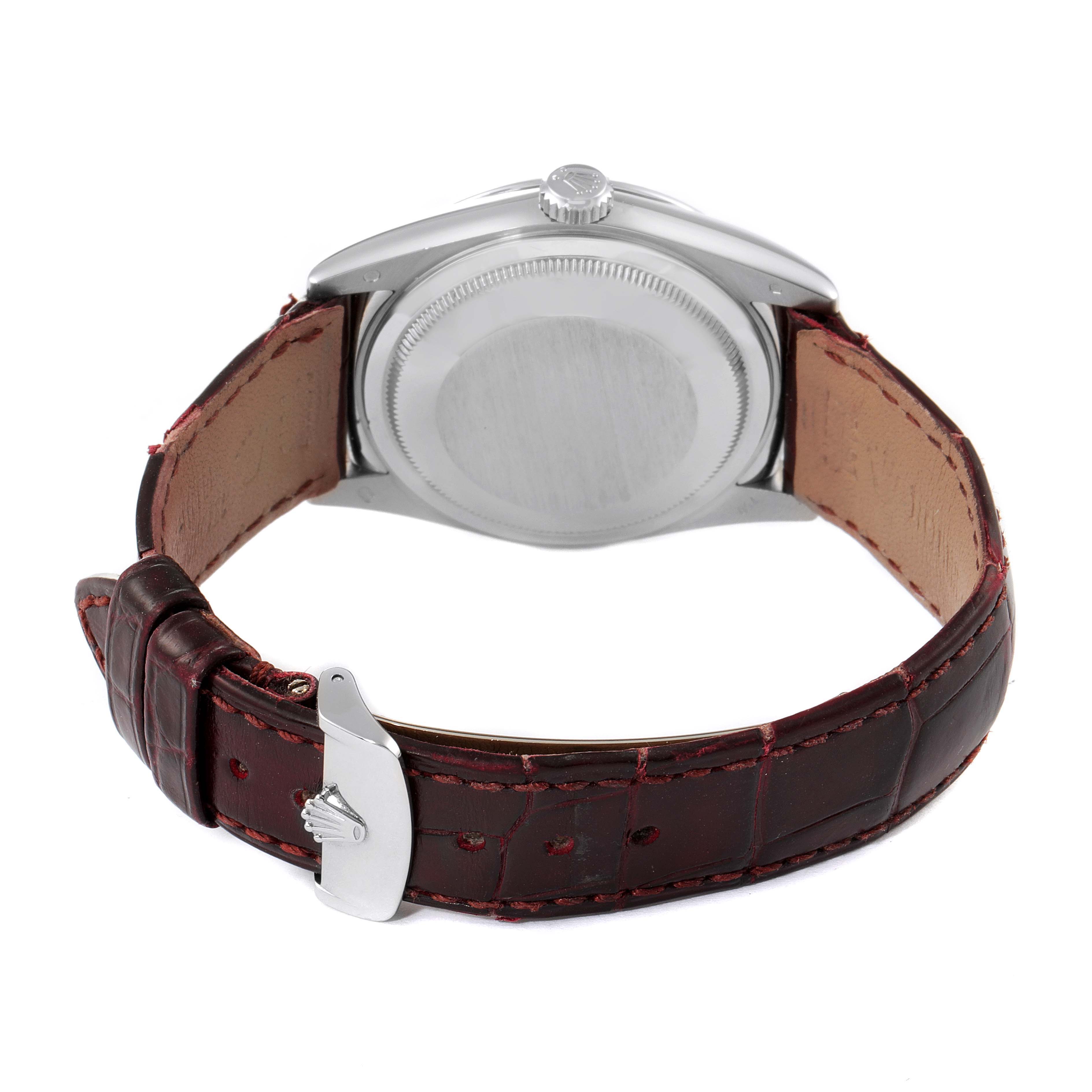 The image shows the back case and strap of a Rolex President 118139 Men's White Gold Burgundy Dial 118139 Men's White Gold Burgundy Dial model watch from a rear angle.