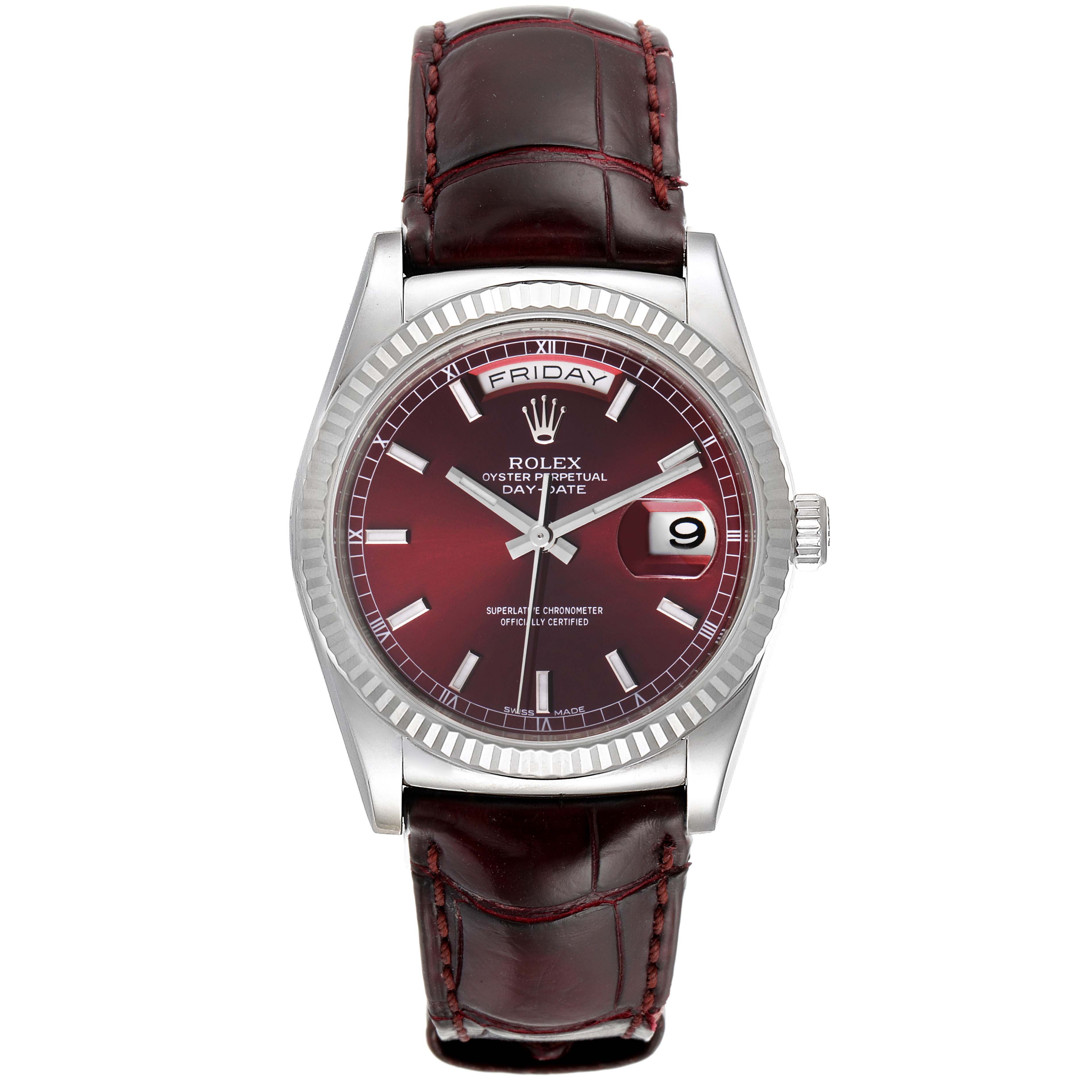 The image shows a front view of the Rolex President 118139 Men's White Gold Burgundy Dial 118139 Men's White Gold Burgundy Dial model watch, displaying its dial, bezel, crown, and leather strap.