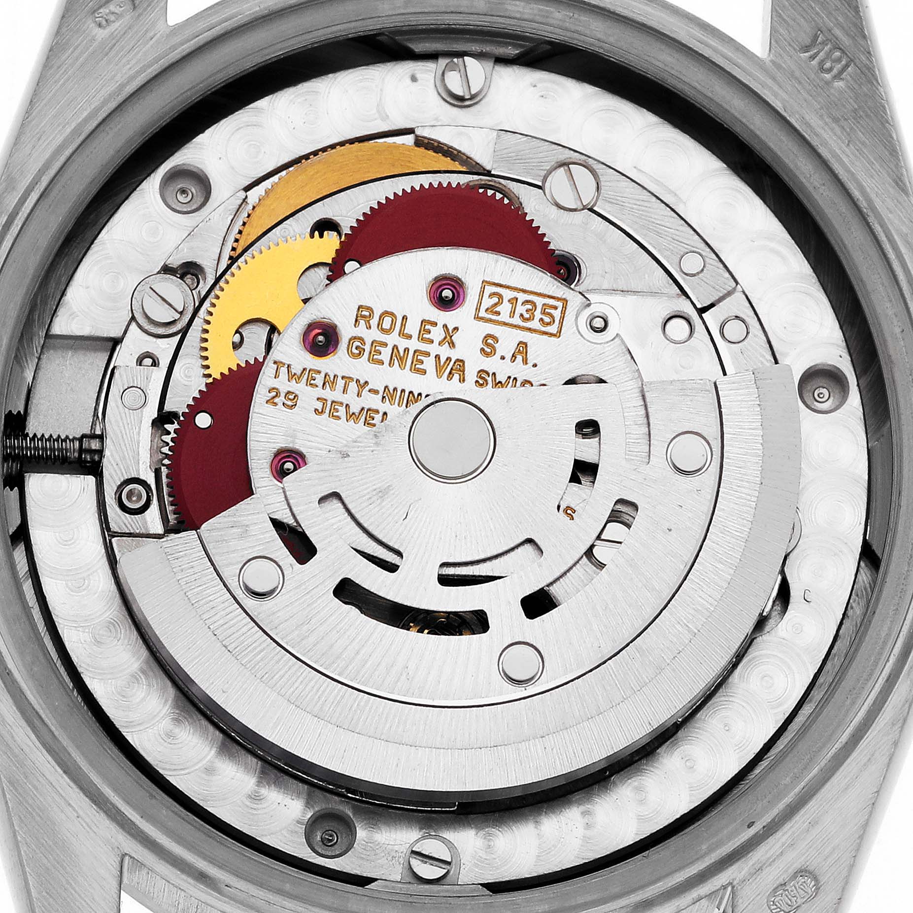 The image shows the internal mechanical movement of a Rolex President 68279 Women's White Gold Champagne Dial 68279 Women's White Gold Champagne Dial model watch from a close-up, top-down angle.