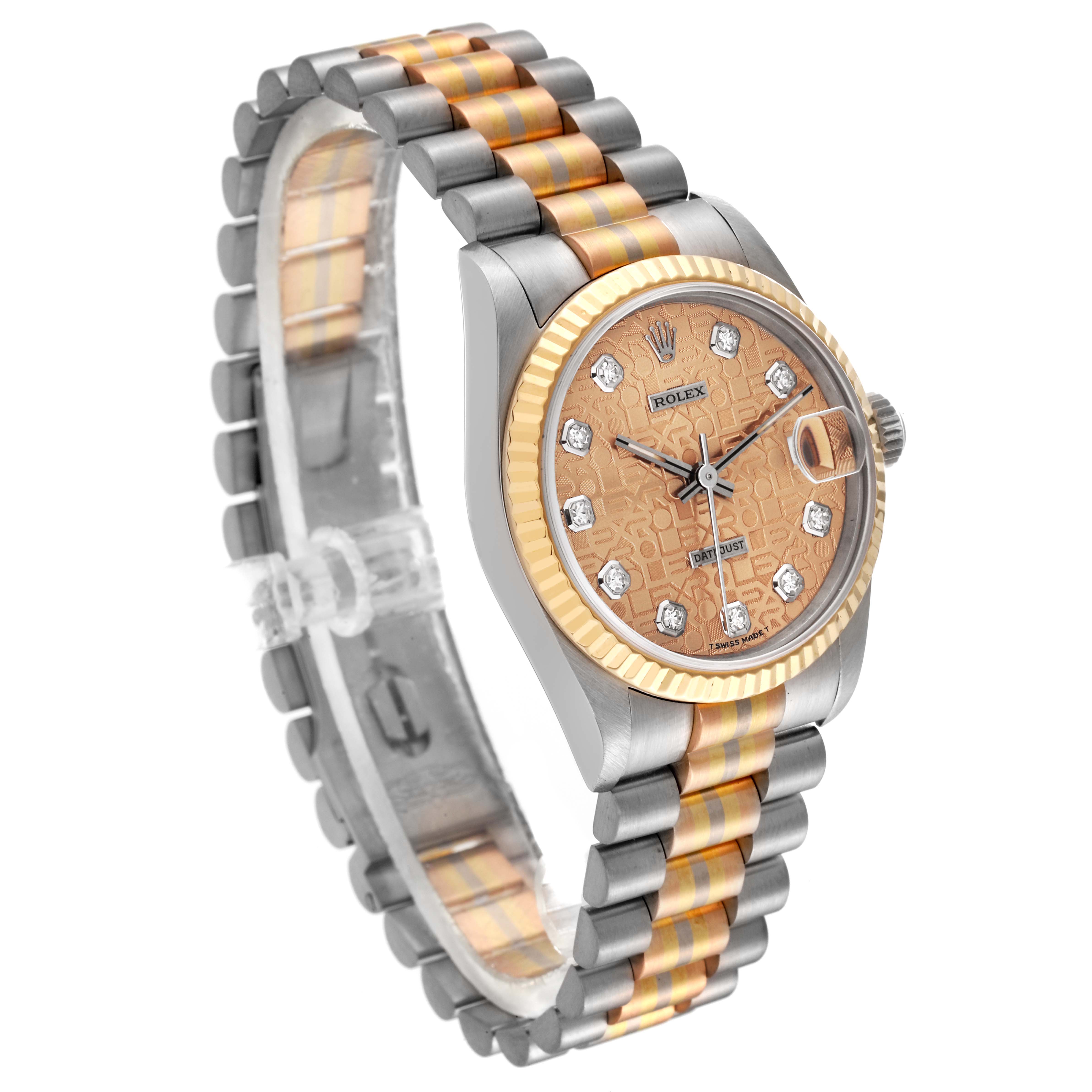 The image shows a Rolex President 68279 Women's White Gold Champagne Dial 68279 Women's White Gold Champagne Dial watch displaying its bracelet, dial, bezel, and crown at a 3/4 angle.