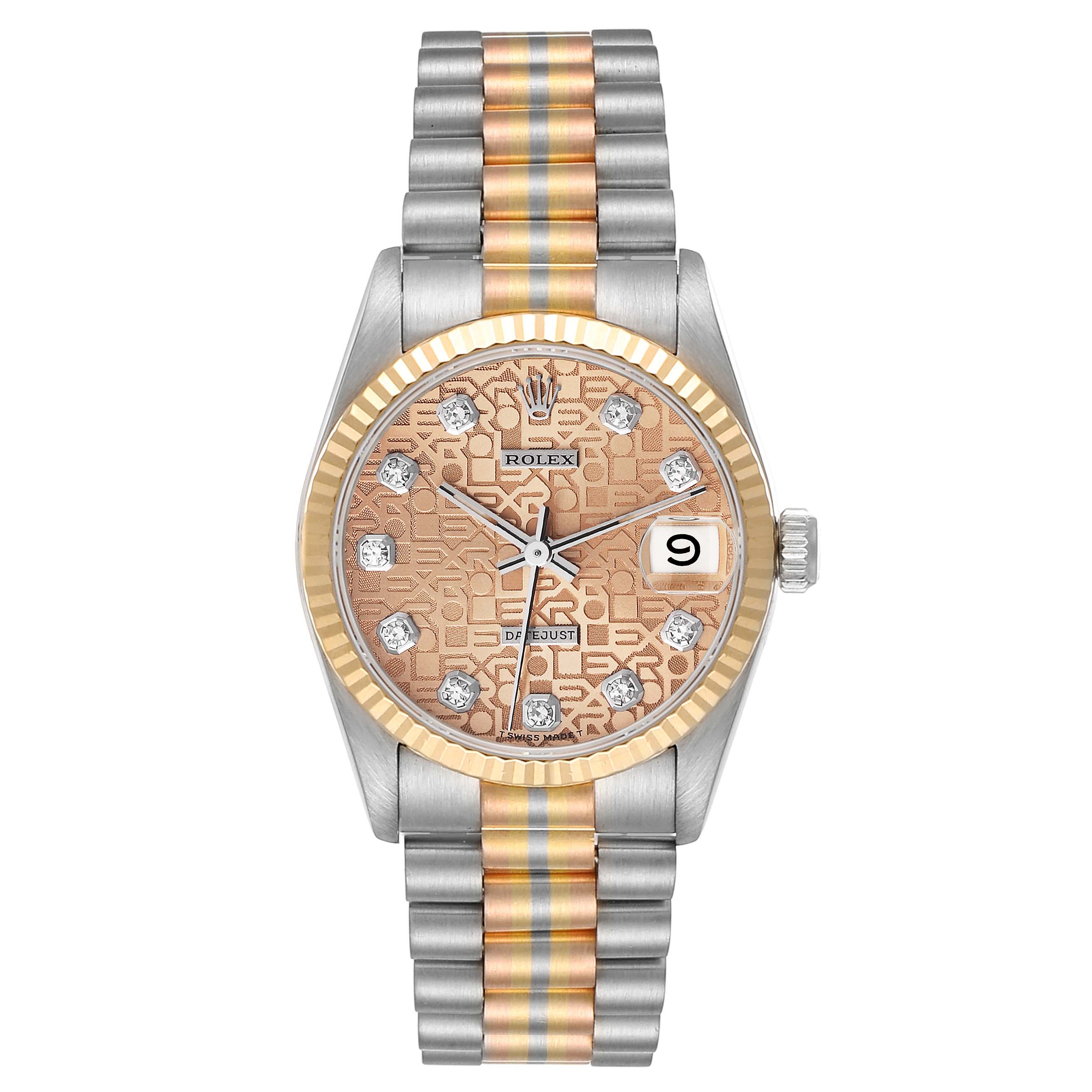 The image shows a Rolex President 68279 Women's White Gold Champagne Dial 68279 Women's White Gold Champagne Dial model watch, featuring its dial, bezel, crown, and metal bracelet from a front angle.