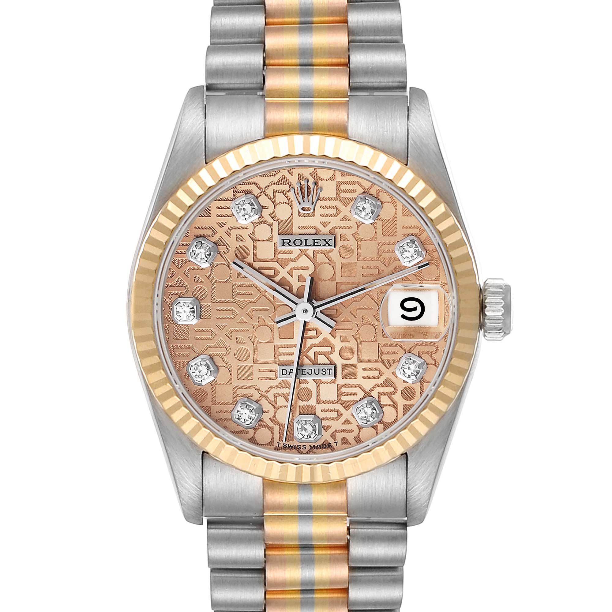 The Rolex President 68279 Women's White Gold Champagne Dial 68279 Women's White Gold Champagne Dial watch is shown from a front angle, highlighting its dial, bezel, and bracelet.