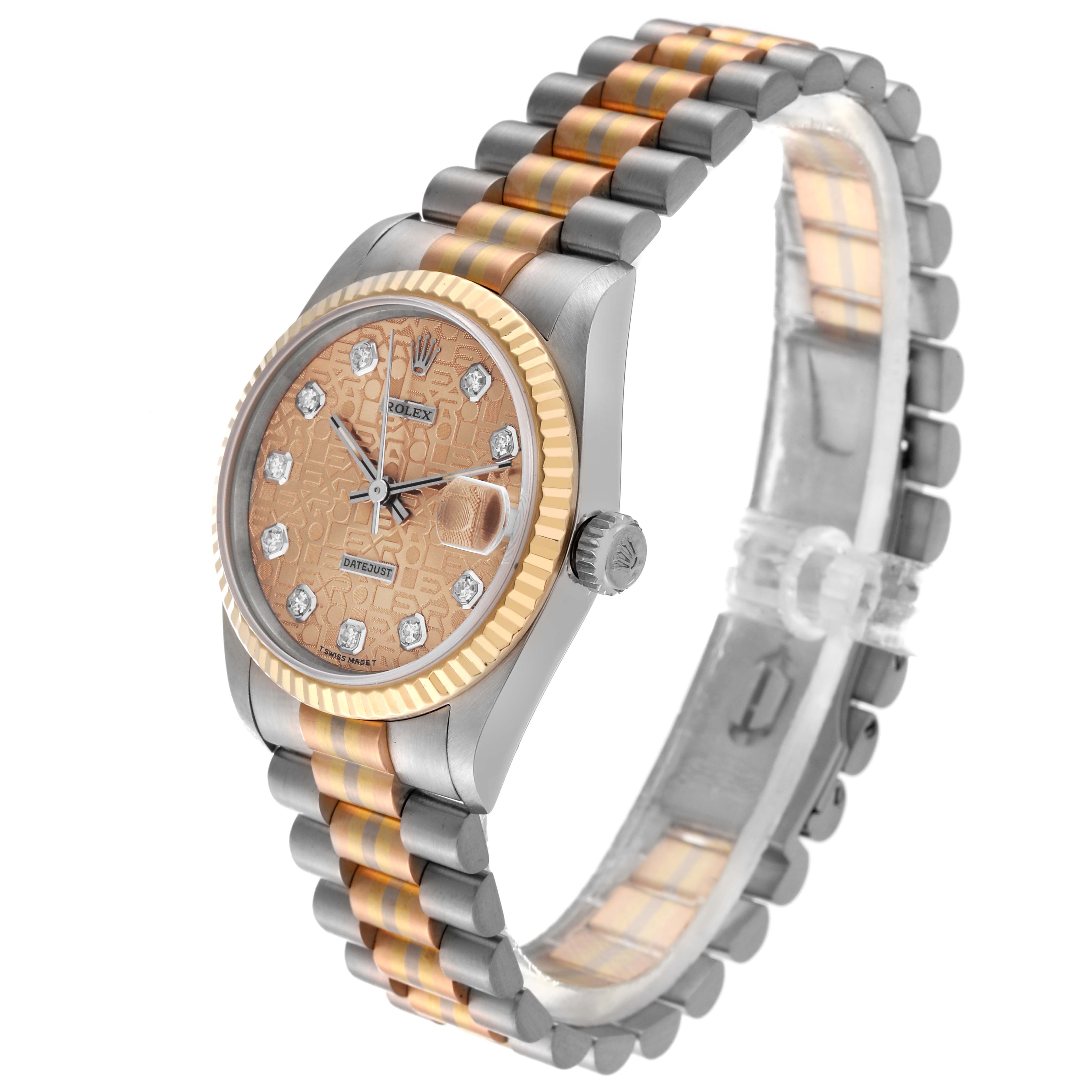 The image shows a Rolex President 68279 Women's White Gold Champagne Dial 68279 Women's White Gold Champagne Dial model watch at an angled side view, highlighting the face, bezel, and bracelet.