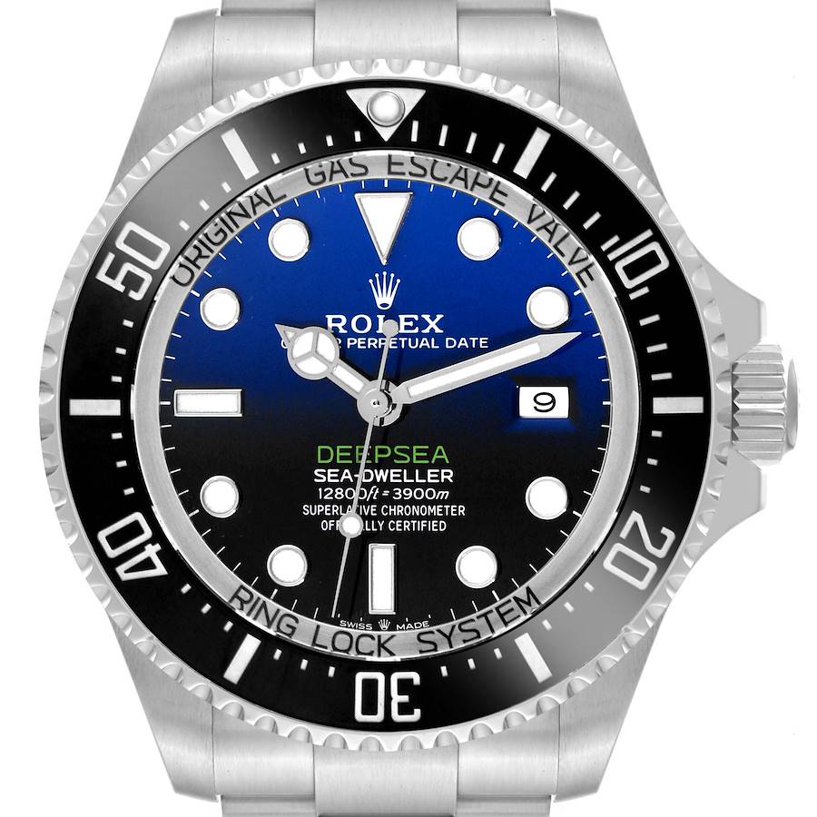 The image shows a front view of the Rolex Sea-Dweller watch, highlighting the dial, bezel, and crown.