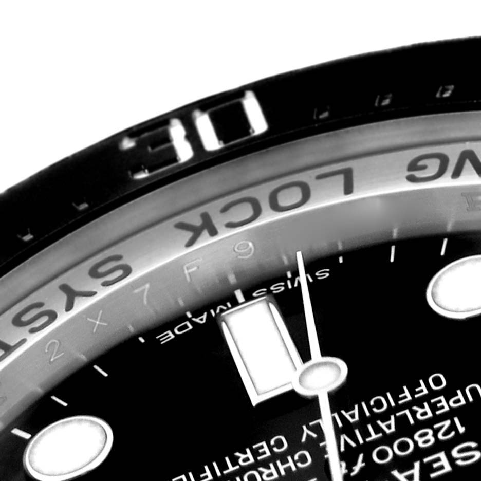 The image shows a close-up of the dial and bezel of a Rolex Sea-Dweller 116660 Men
s Stainless Steel Black Dial 116660 Men
s Stainless Steel Black Dial watch.