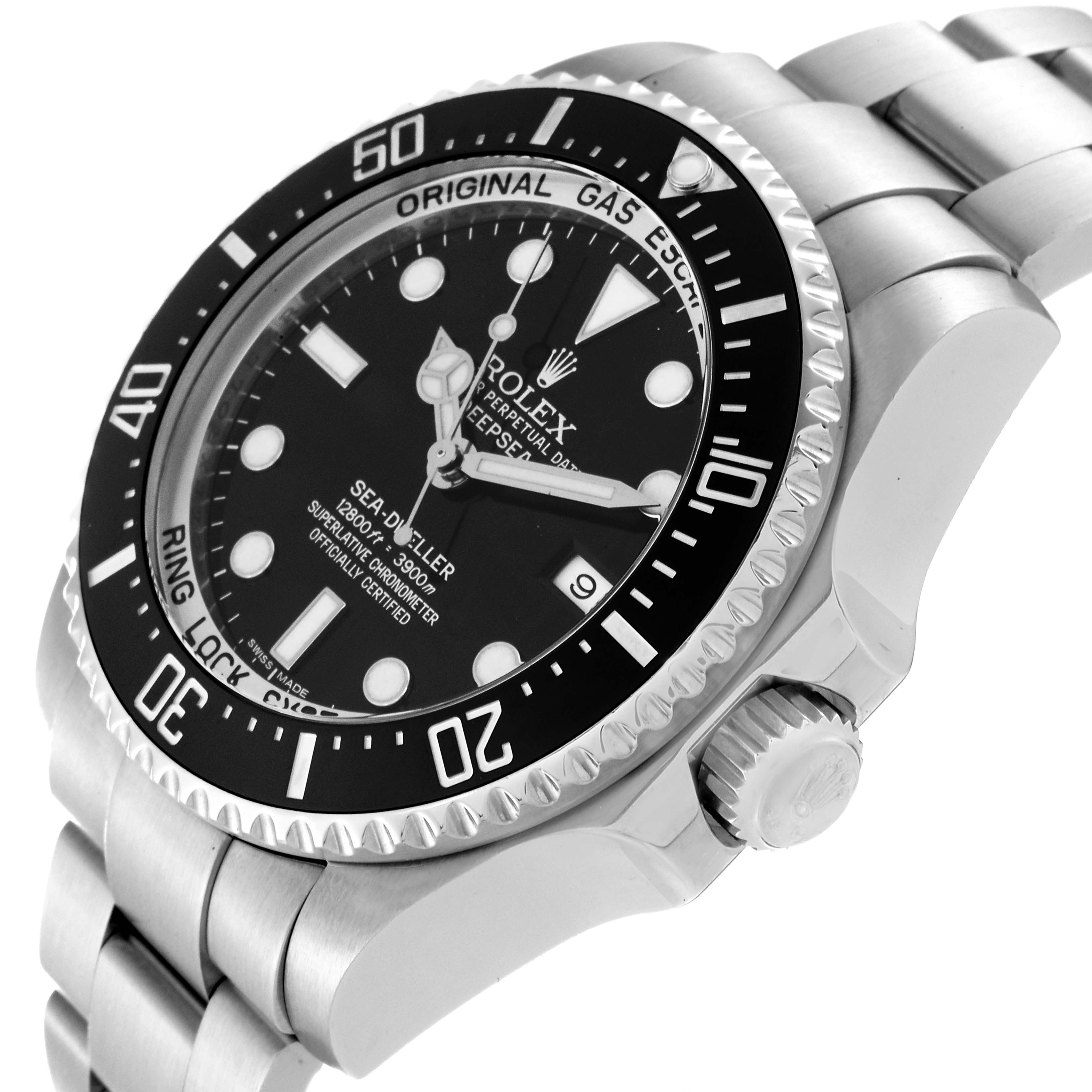 The Rolex Sea-Dweller 116660 Men
s Stainless Steel Black Dial 116660 Men
s Stainless Steel Black Dial watch is shown at an angle highlighting the face, bezel, crown, and part of the bracelet.