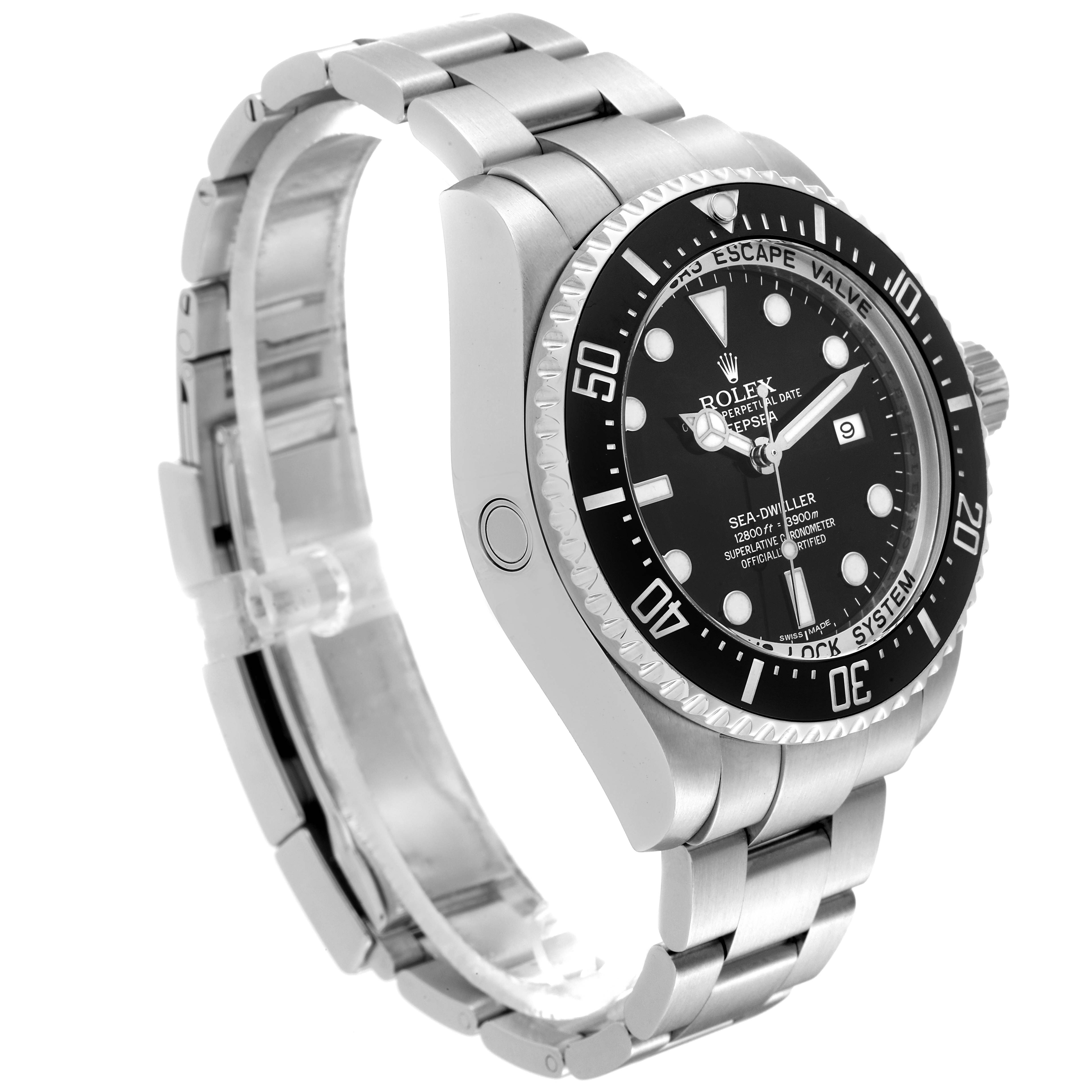 The Rolex Sea-Dweller 116660 Men
s Stainless Steel Black Dial 116660 Men
s Stainless Steel Black Dial watch is shown at a slight angle, highlighting the dial, bezel, case, and part of the bracelet.