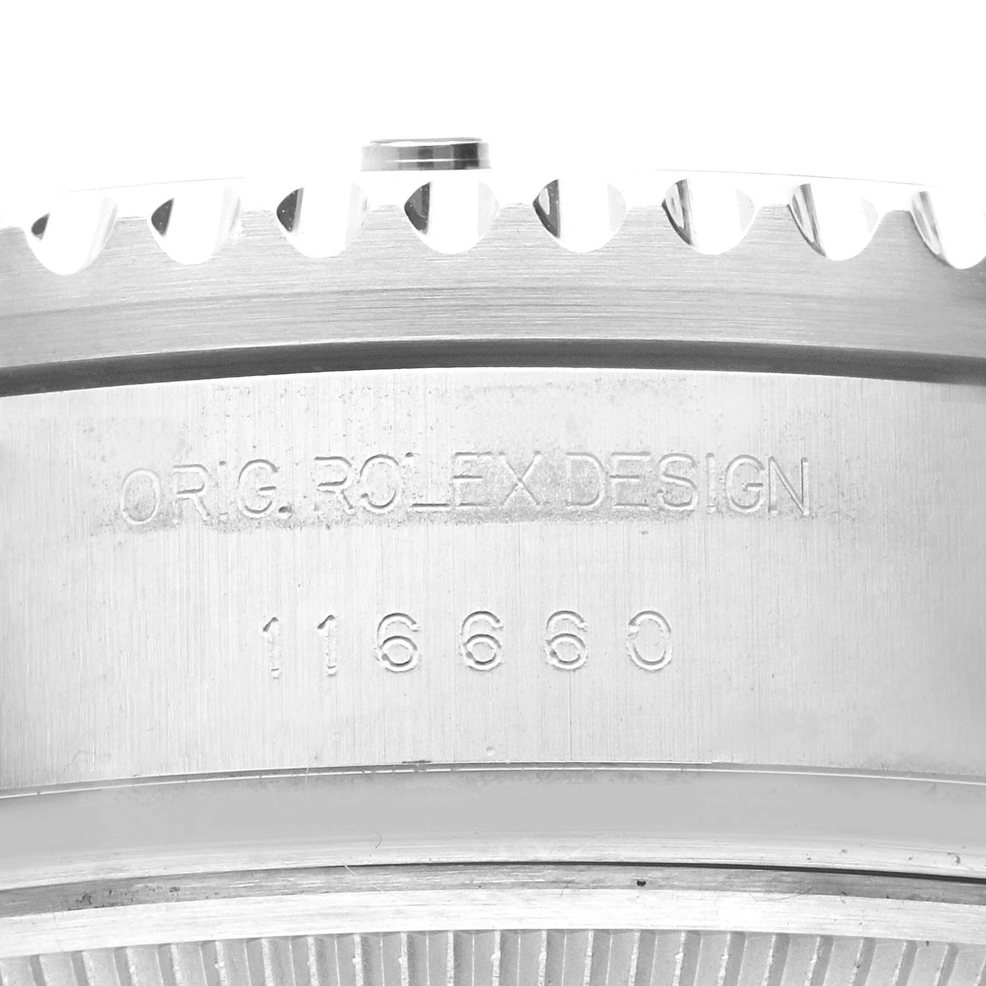 The image shows a close-up angle of the bezel and engraved serial number of a Rolex Sea-Dweller 116660 Men
s Stainless Steel Black Dial 116660 Men
s Stainless Steel Black Dial watch.