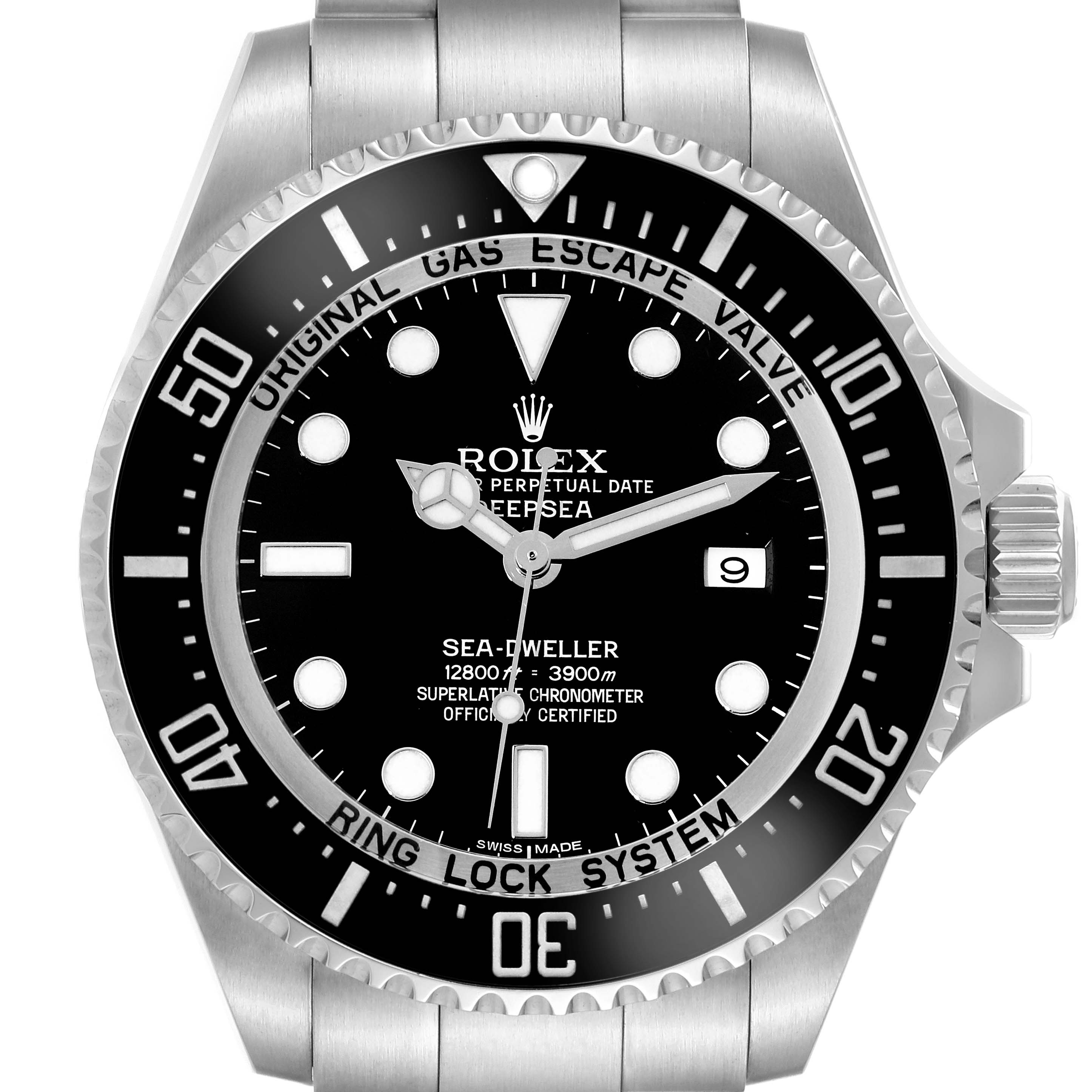 The image shows a front view of a Rolex Sea-Dweller 116660 Men
s Stainless Steel Black Dial 116660 Men
s Stainless Steel Black Dial watch, featuring its dial, bezel, and part of the bracelet.