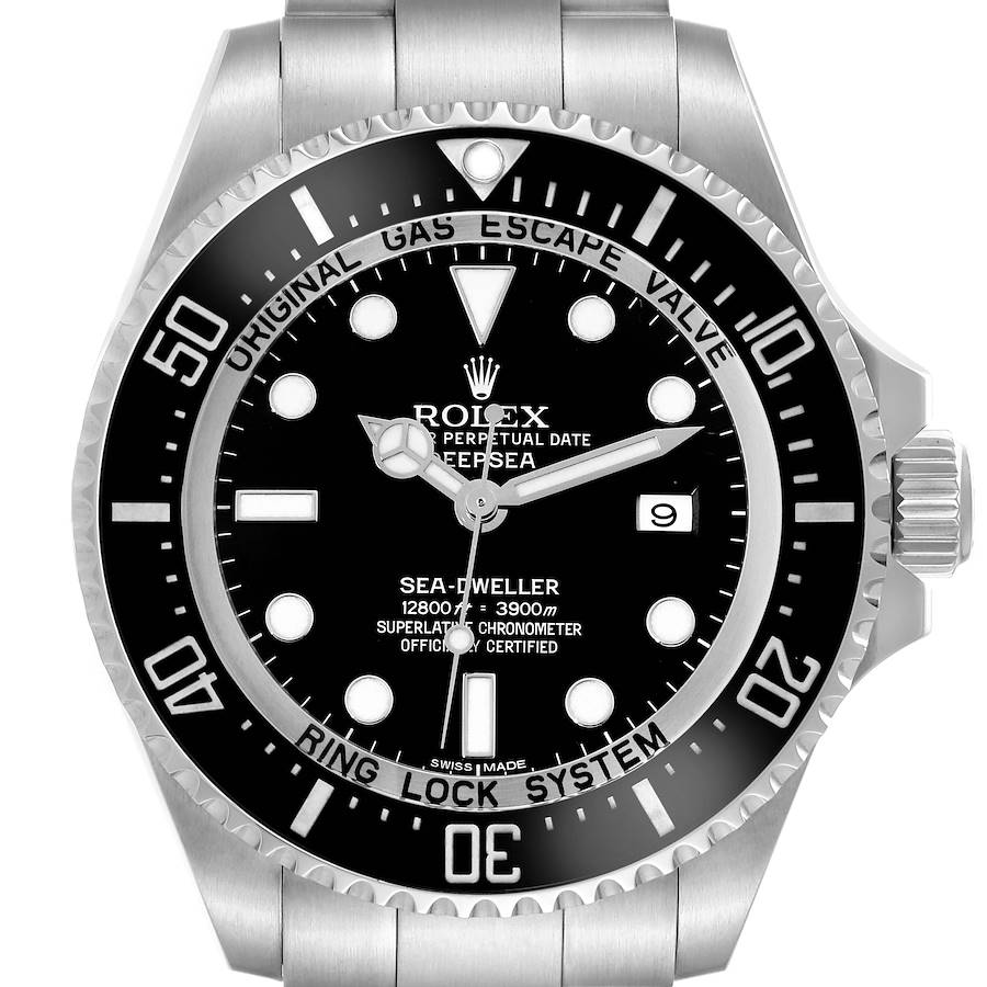 The image shows a front view of a Rolex Sea-Dweller watch, featuring its dial, bezel, and part of the bracelet.