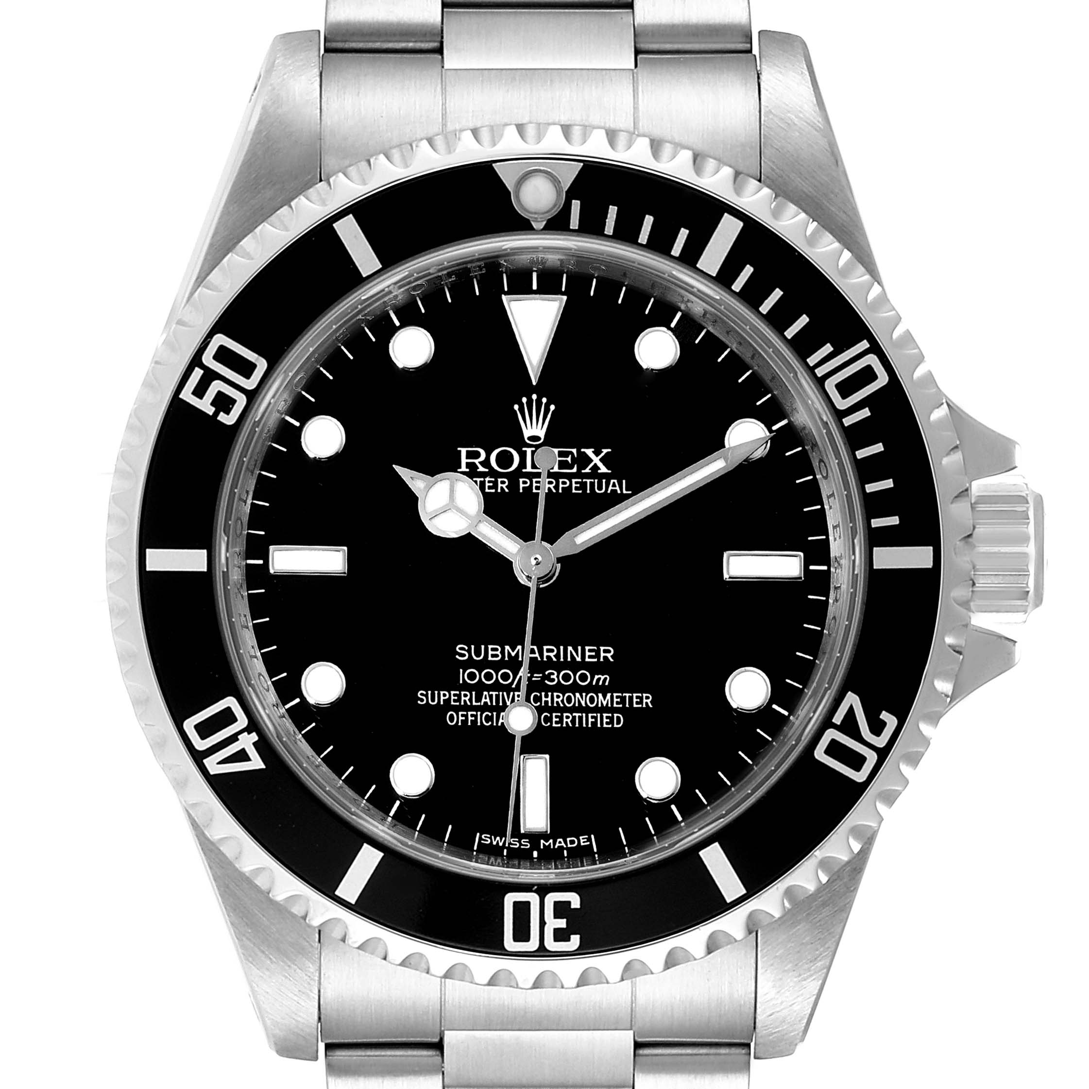 The image shows a frontal view of a Rolex Submariner 14060 Men
s Stainless Steel Black Dial 14060 Men
s Stainless Steel Black Dial watch, highlighting its dial, bezel, and part of its bracelet.