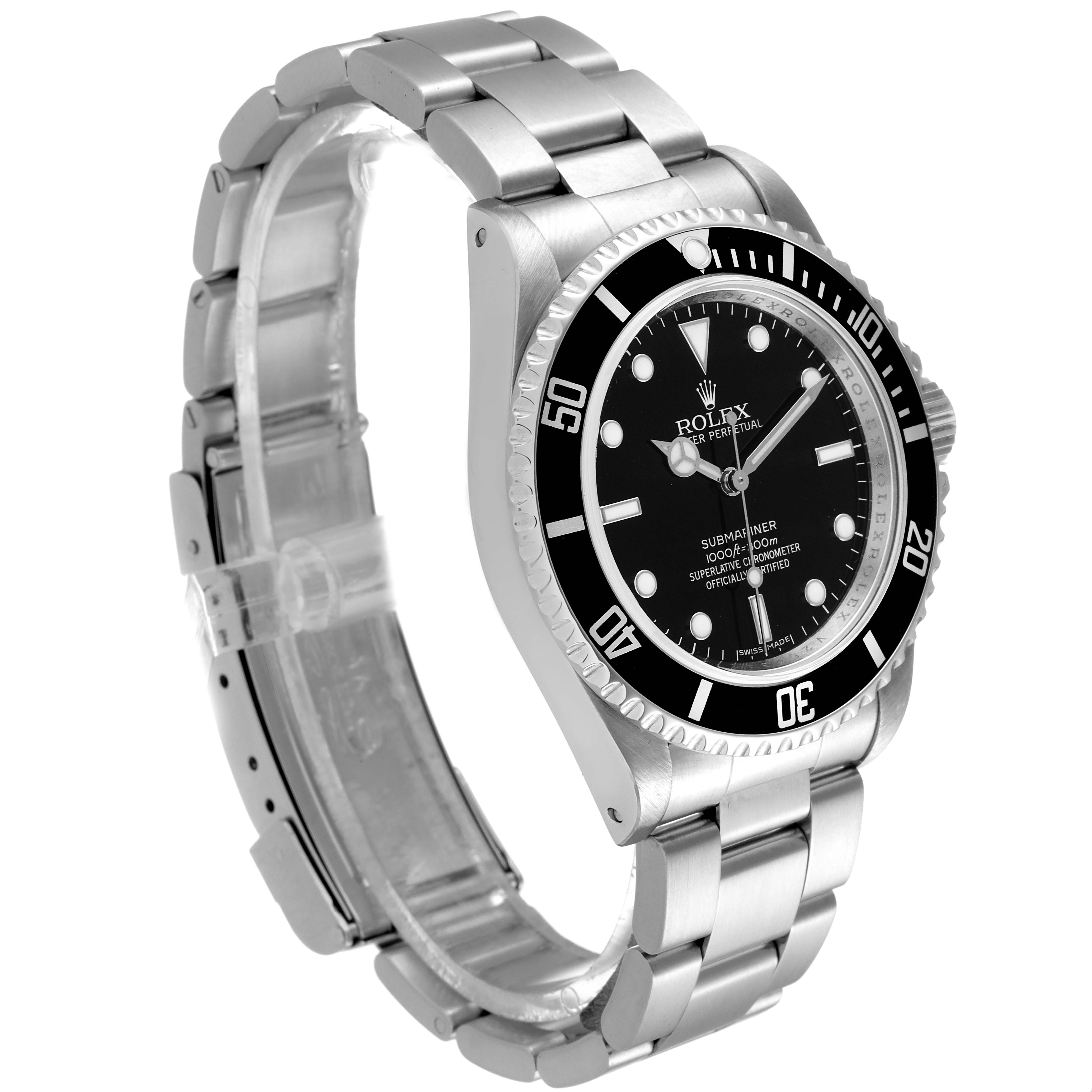 The Rolex Submariner 14060 Men
s Stainless Steel Black Dial 14060 Men
s Stainless Steel Black Dial watch is displayed from a 3/4 angle, highlighting its bezel, dial, and metal bracelet.