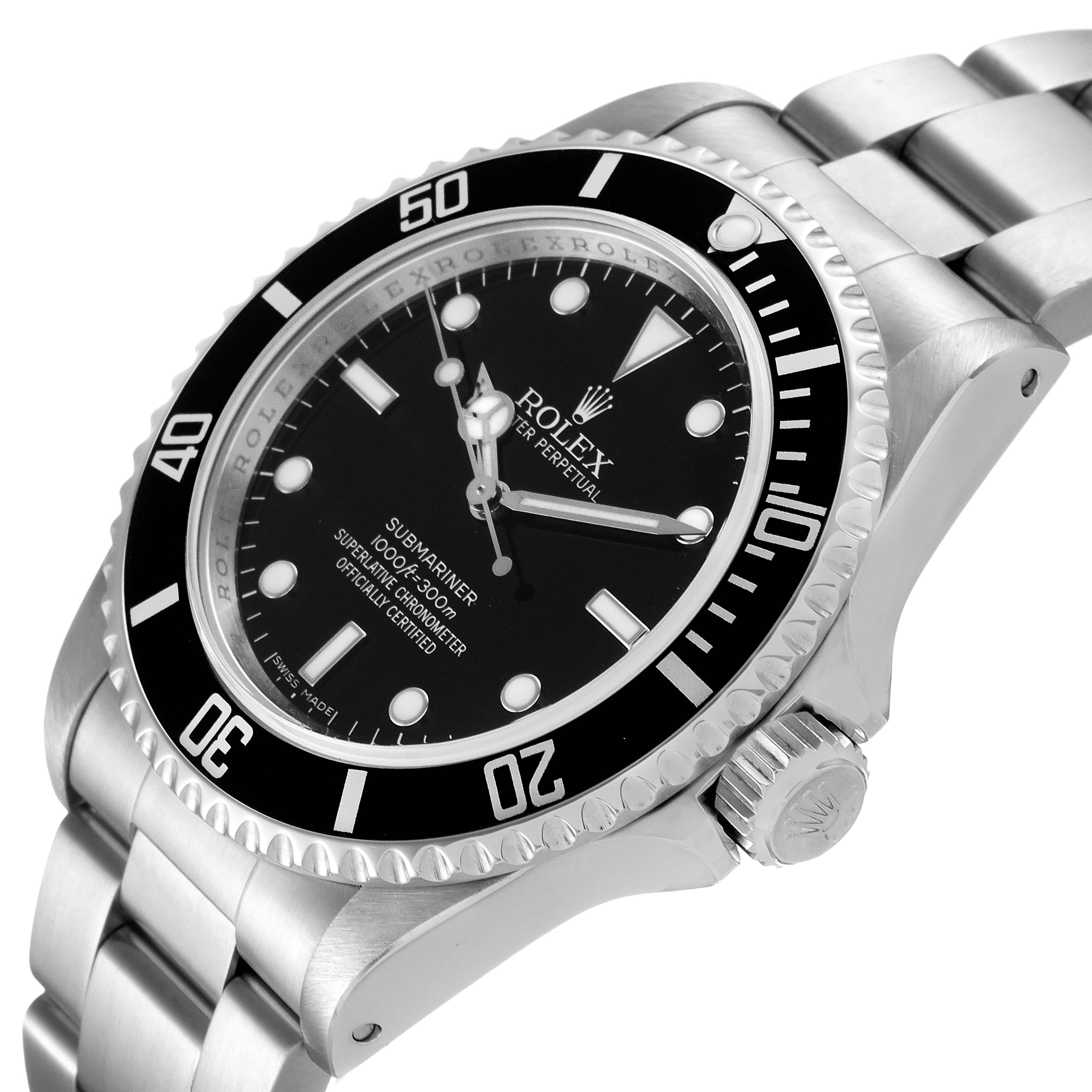 The image shows a side angle of the Rolex Submariner 14060 Men
s Stainless Steel Black Dial 14060 Men
s Stainless Steel Black Dial watch, highlighting the face, bezel, and crown with part of the bracelet.